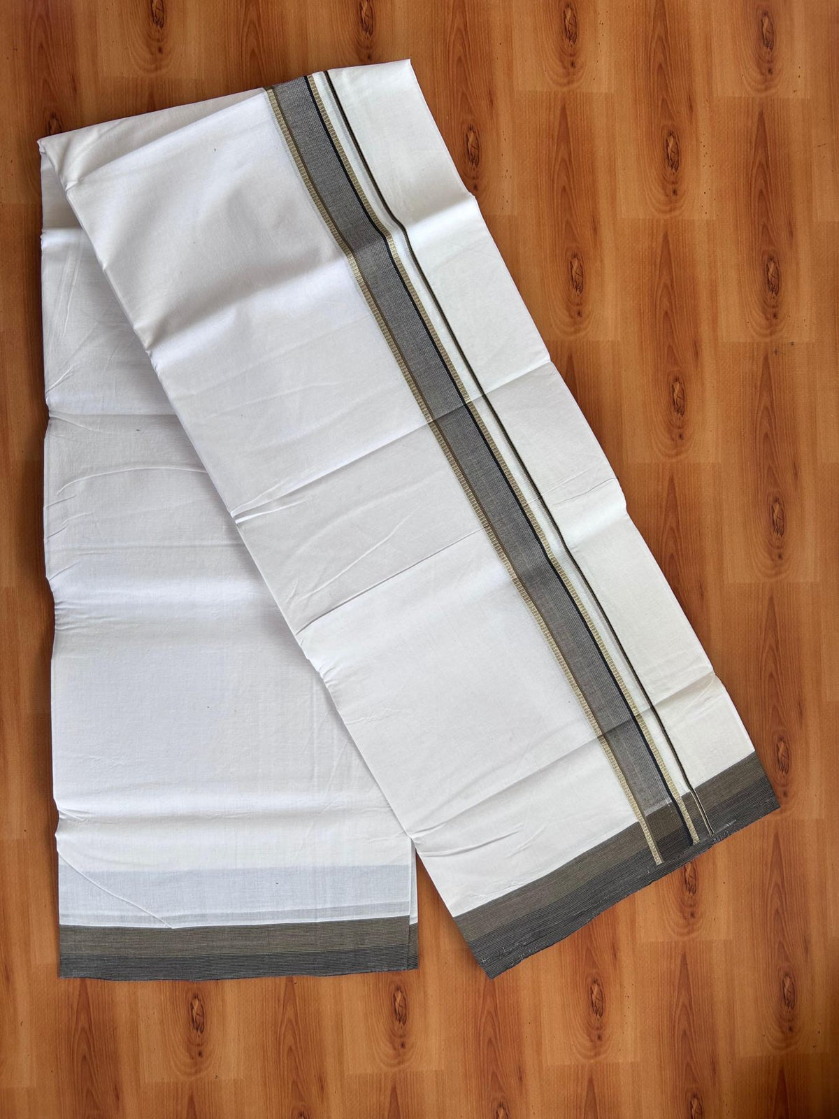 Double Ultra White 25% Discount ! KaithariKada Handloom Unakkupaav - Kerala Handloom - 100% Pure Cotton - 100x80 - 1.25 Inch Silver Kasav Olive Brown & Black Stripes Kara 4.00 mtr (8.5 Muzham) - 5 KK5509 RAM
