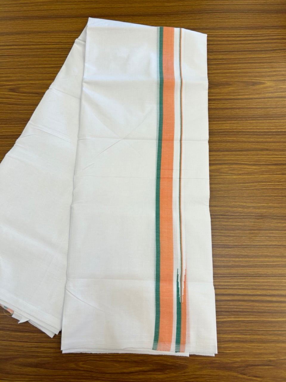 BJP VESHTI - 20% DISCOUNT! KaithariKada 100% Cotton Pure white Double Mundu/Dhoti - 100X80 - 1.25 inch Puliyilakkara Orange & Green Shaded Chutty Kara - 4mtr (8.5 muzham)- 24 KK5297 ASH