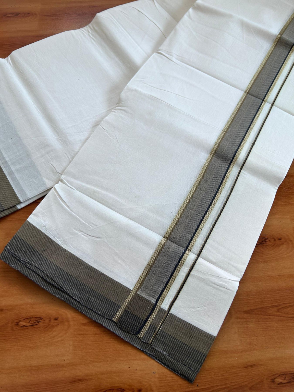 Double Ultra White 25% Discount ! KaithariKada Handloom Unakkupaav - Kerala Handloom - 100% Pure Cotton - 100x80 - 1.25 Inch Silver Kasav Olive Brown & Black Stripes Kara 4.00 mtr (8.5 Muzham) - 5 KK5509 RAM