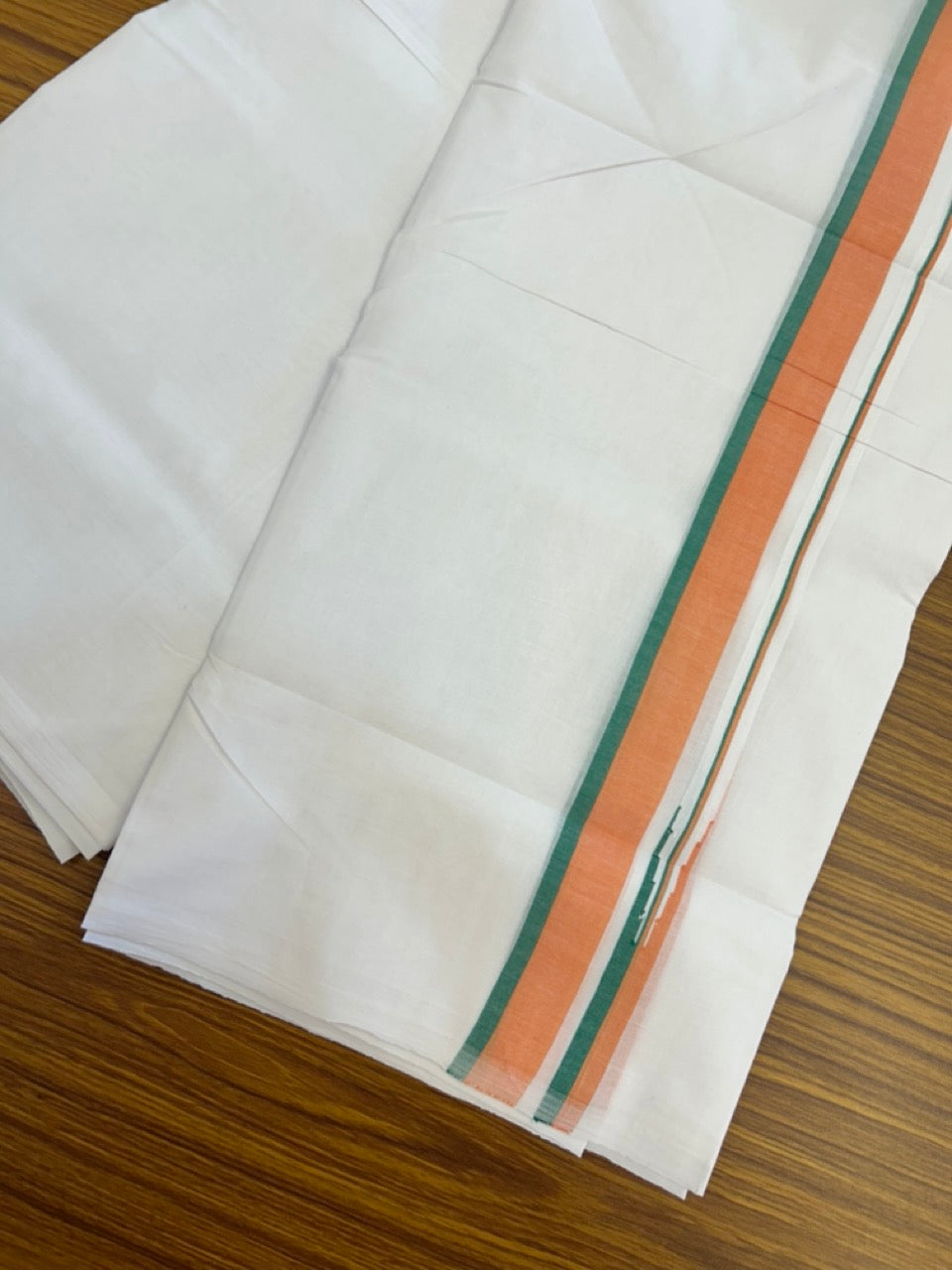 BJP VESHTI - 20% DISCOUNT! KaithariKada 100% Cotton Pure white Double Mundu/Dhoti - 100X80 - 1.25 inch Puliyilakkara Orange & Green Shaded Chutty Kara - 4mtr (8.5 muzham)- 24 KK5297 ASH