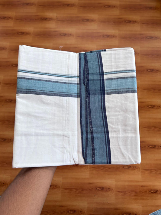 Double Ultra White 25% Discount ! KaithariKada Handloom Unakkupaav - Kerala Handloom - 100% Pure Cotton - 100x80 - 1.25 Inch Black & Light Blue Stripes Kara 4.00 mtr (8.5 Muzham) - 10 KK5509 RAM