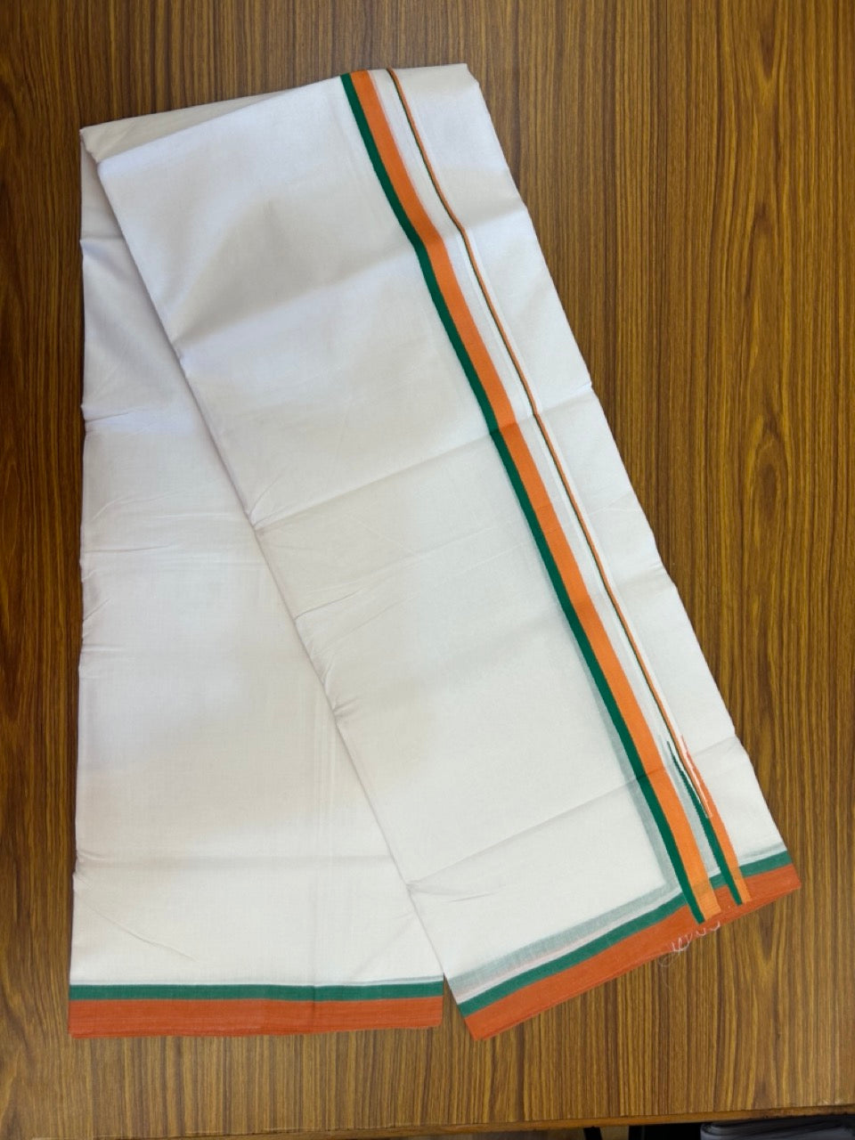 BJP VESHTI - 20% DISCOUNT! KaithariKada 100% Cotton Pure white Double Mundu/Dhoti - 100X80 - 0.75 inch Puliyilakkara Orange & Green Chutty Kara - 4mtr (8.5 muzham)- 26 KK5297 ASH