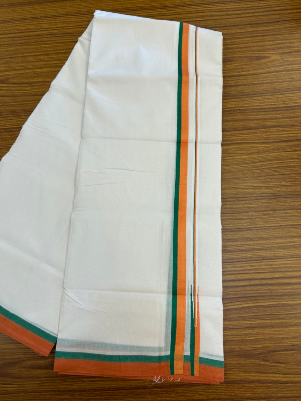 BJP VESHTI - 20% DISCOUNT! KaithariKada 100% Cotton Pure white Double Mundu/Dhoti - 100X80 - 0.75 inch Puliyilakkara Orange & Green Chutty Kara - 4mtr (8.5 muzham)- 26 KK5297 ASH