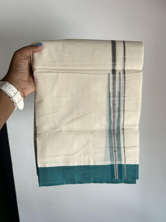 Off White Double (Unbleached) Mundu/Dhoti - 20% Discount! KaithariKada Balaramapuram 100% Cotton -100x80 - 1 inch Silver Kasav Black & Pine Green Puliyilakkara Chutty Kara 4 mtr (8.5 Muzham) - 44 KK5440 VIN