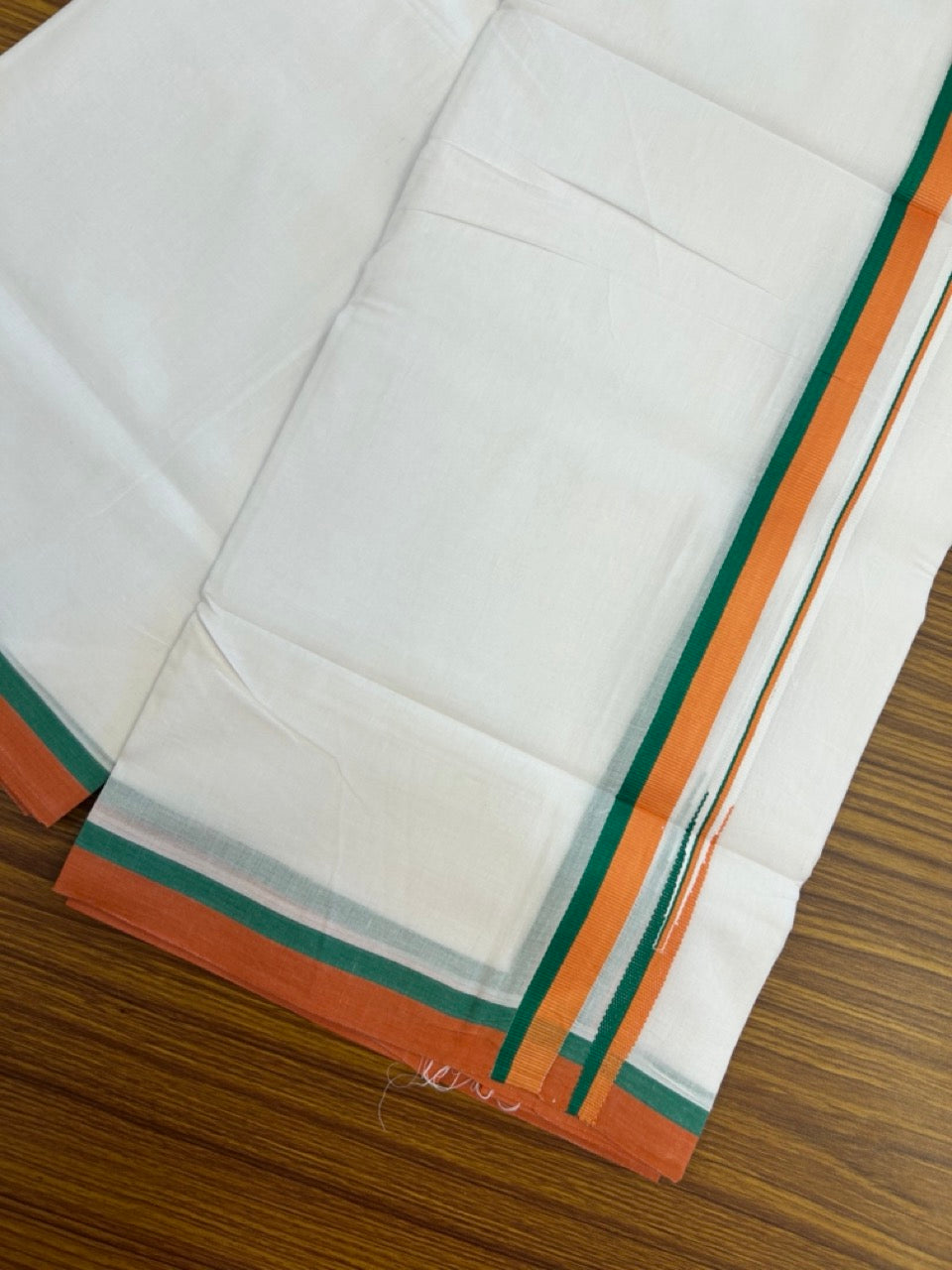 BJP VESHTI - 20% DISCOUNT! KaithariKada 100% Cotton Pure white Double Mundu/Dhoti - 100X80 - 0.75 inch Puliyilakkara Orange & Green Chutty Kara - 4mtr (8.5 muzham)- 26 KK5297 ASH