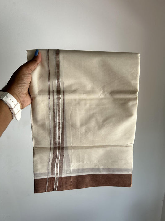 Off White Double (Unbleached) Mundu/Dhoti - 20% Discount! KaithariKada Balaramapuram 100% Cotton -100x80 - 1 inch Silver Kasav & Brown Puliyilakkara Chutty Kara 4 mtr (8.5 Muzham) - 38 KK5440 VIN