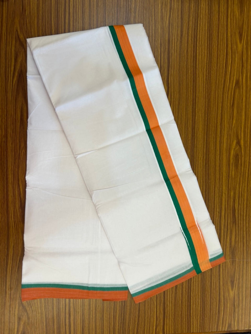 BJP VESHTI - 20% DISCOUNT! KaithariKada 100% Cotton Pure white Double Mundu/Dhoti - 100X80 - 1.5 inch Puliyilakkara Orange & Green Chutty Kara - 4mtr (8.5 muzham)- 22 KK5297 ASH