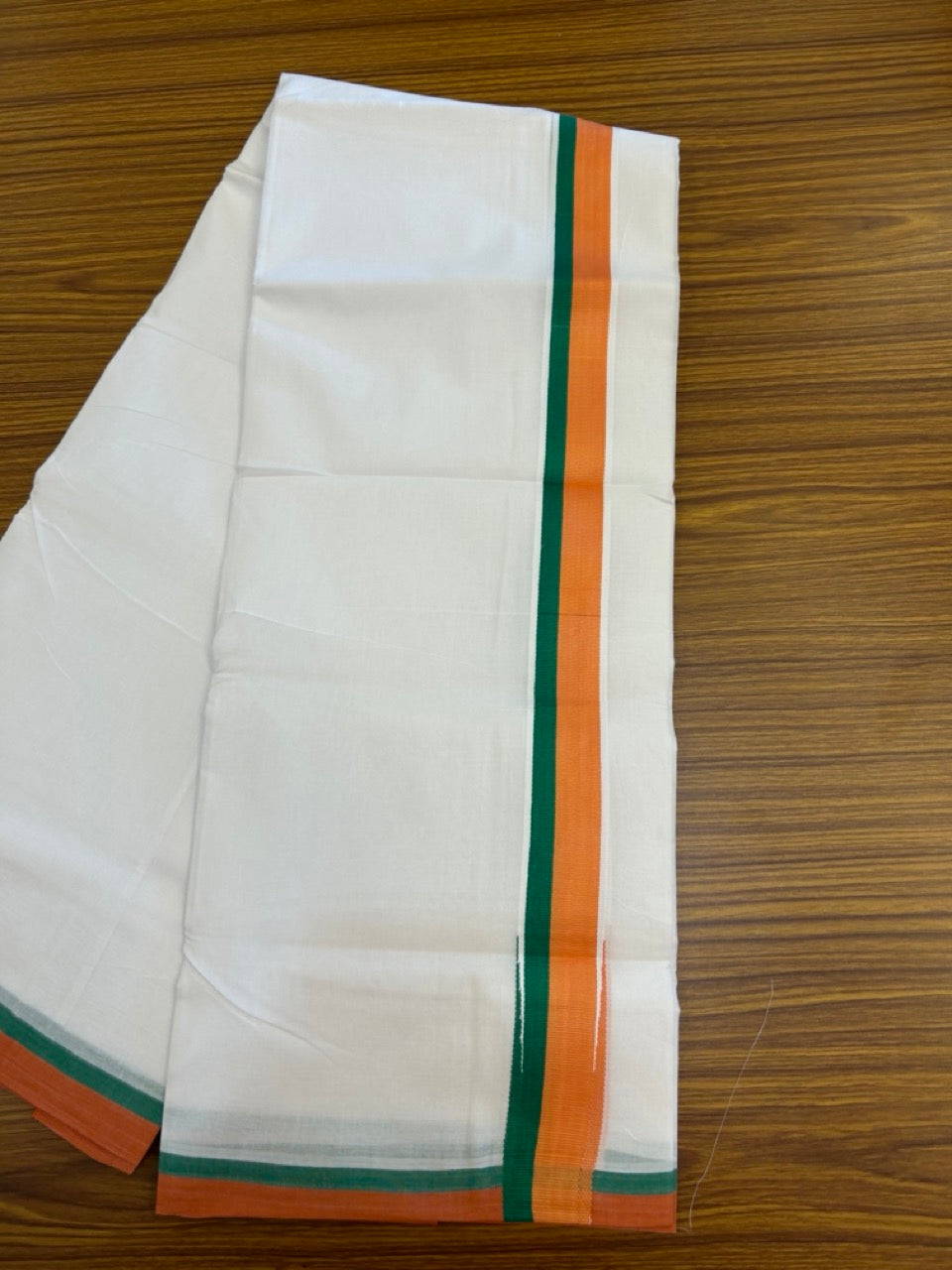 BJP VESHTI - 20% DISCOUNT! KaithariKada 100% Cotton Pure white Double Mundu/Dhoti - 100X80 - 1.5 inch Puliyilakkara Orange & Green Chutty Kara - 4mtr (8.5 muzham)- 22 KK5297 ASH