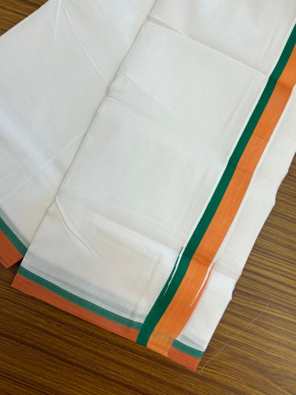 BJP VESHTI - 20% DISCOUNT! KaithariKada 100% Cotton Pure white Double Mundu/Dhoti - 100X80 - 1.5 inch Puliyilakkara Orange & Green Chutty Kara - 4mtr (8.5 muzham)- 22 KK5297 ASH