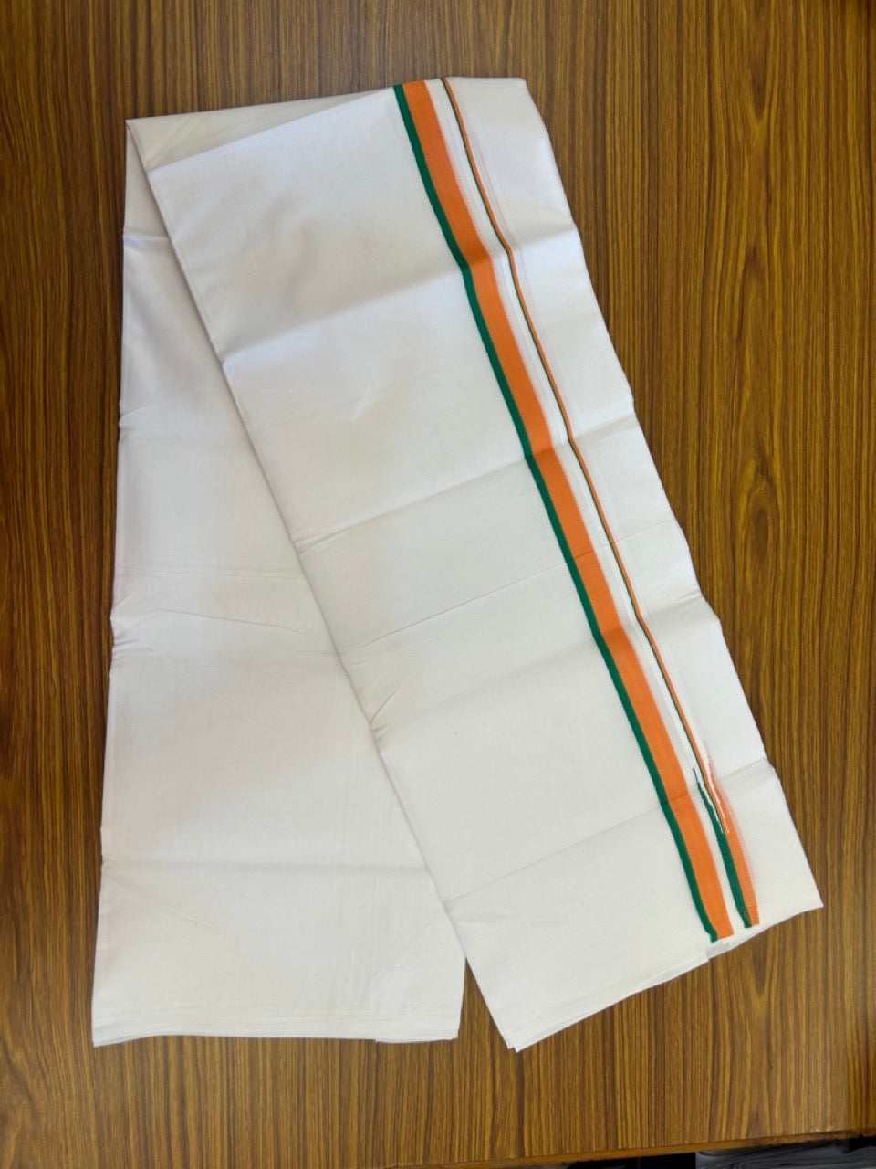 BJP VESHTI - 20% DISCOUNT! KaithariKada 100% Cotton Pure white Double Mundu/Dhoti - 100X80 - 0.75 inch Puliyilakkara Orange & Green Chutty Kara - 4mtr (8.5 muzham)- 25 KK5297 ASH
