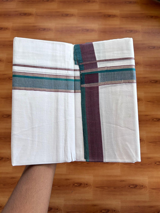 Double Ultra White 25% Discount ! KaithariKada Handloom Unakkupaav - Kerala Handloom - 100% Pure Cotton - 100x80 - 1.5 Inch Silver Kasav Teal Green & Maroon Stripes Kara 4.00 mtr (8.5 Muzham) - 3 KK5509 RAM