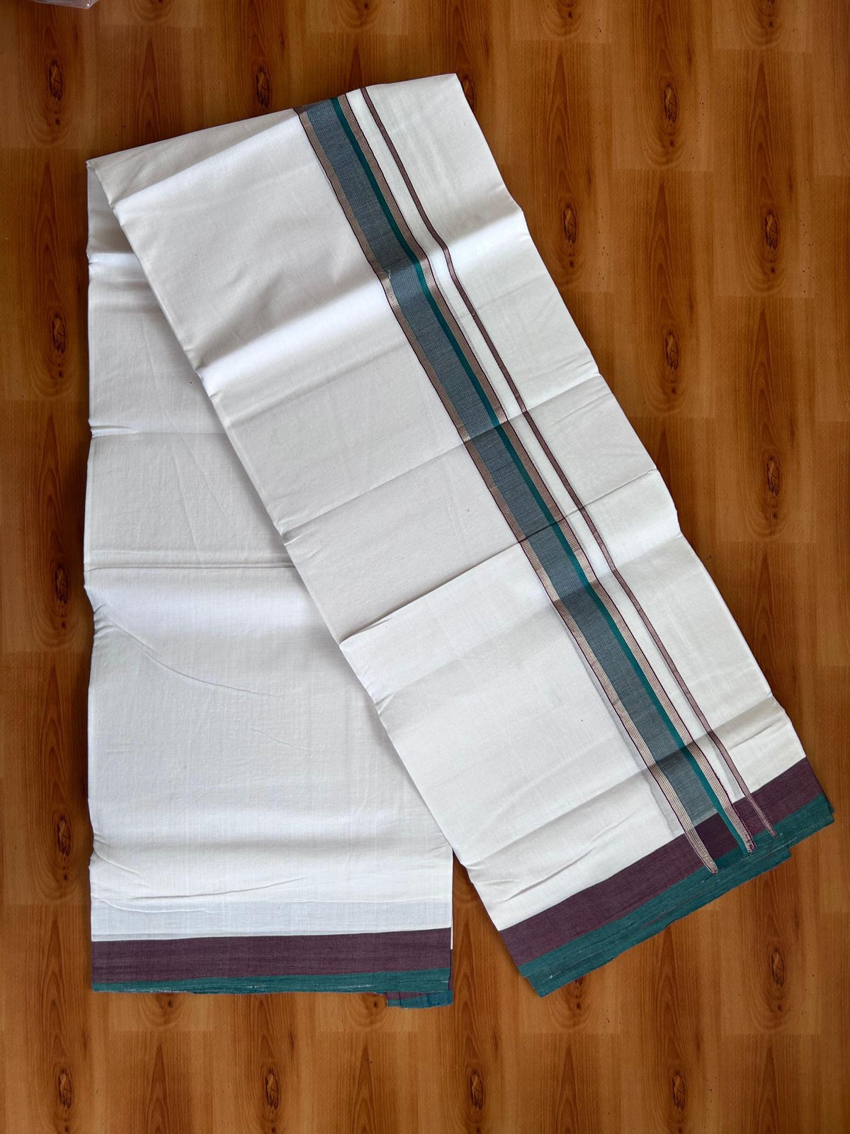 Double Ultra White 25% Discount ! KaithariKada Handloom Unakkupaav - Kerala Handloom - 100% Pure Cotton - 100x80 - 1.5 Inch Silver Kasav Teal Green & Maroon Stripes Kara 4.00 mtr (8.5 Muzham) - 3 KK5509 RAM