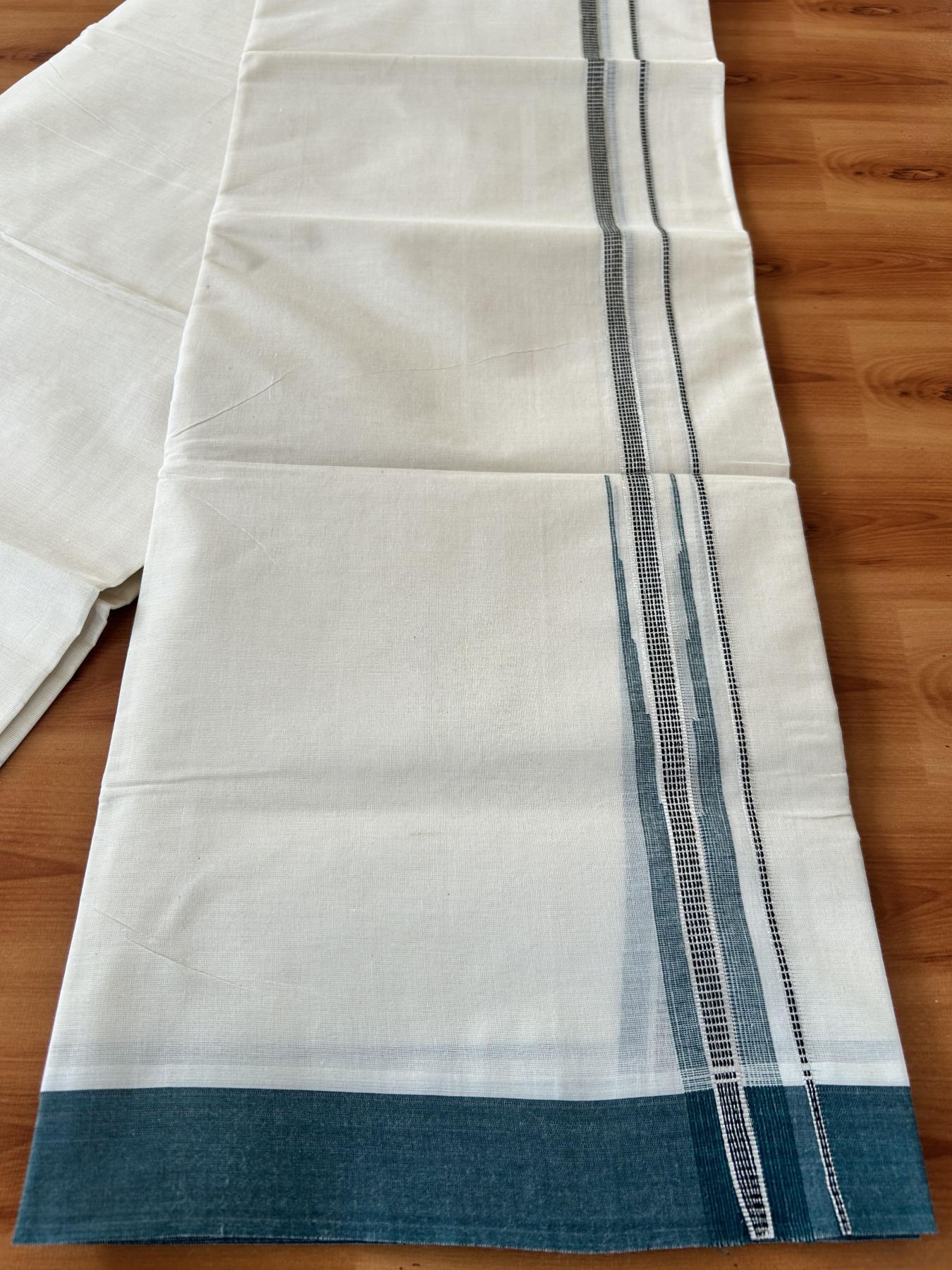Off White Double (Unbleached) Mundu/Dhoti - 20% Discount! KaithariKada Balaramapuram 100% Cotton -100x80 - 1 inch Silver Kasav Black & Dark Green Puliyilakkara Chutty Kara 4 mtr (8.5 Muzham) - 42 KK5440 VIN