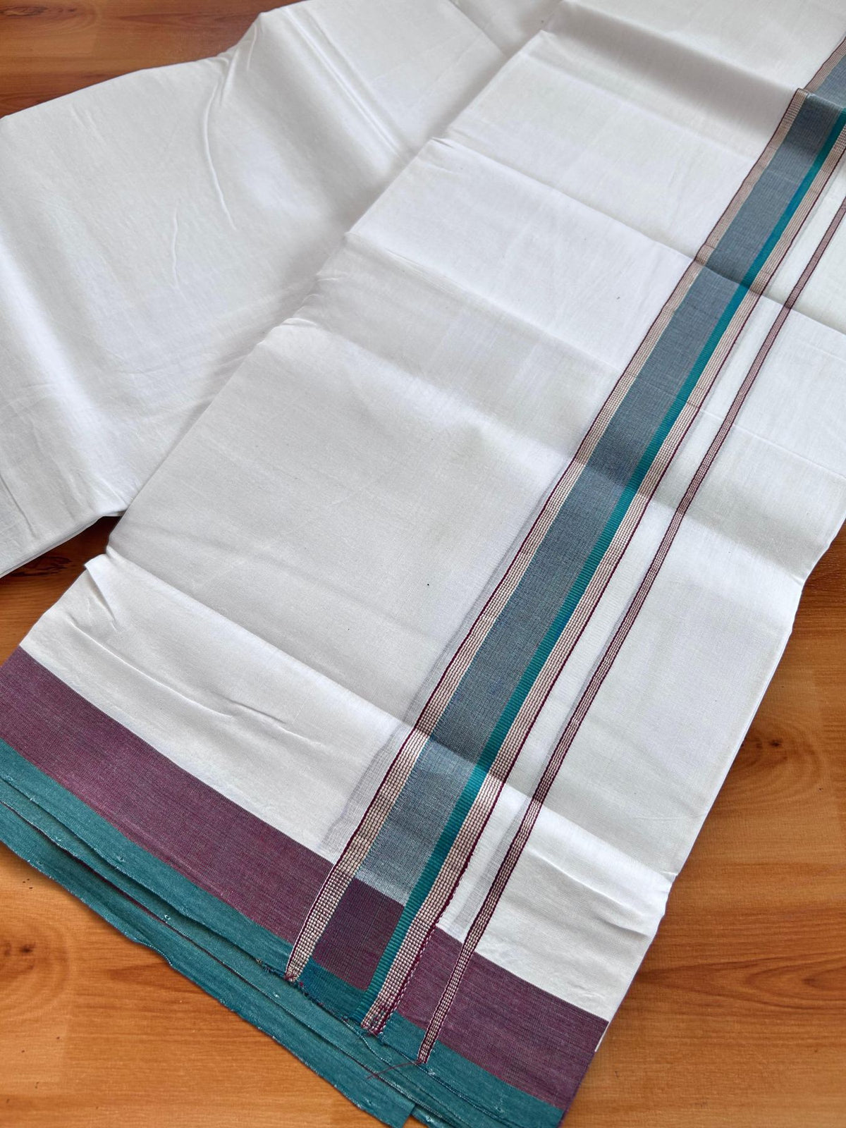 Double Ultra White 25% Discount ! KaithariKada Handloom Unakkupaav - Kerala Handloom - 100% Pure Cotton - 100x80 - 1.5 Inch Silver Kasav Teal Green & Maroon Stripes Kara 4.00 mtr (8.5 Muzham) - 3 KK5509 RAM