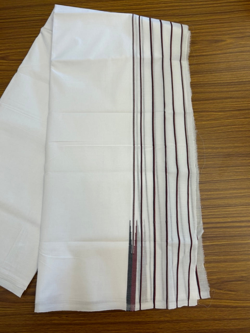 DMK Veshti -20% DISCOUNT! KaithariKada 100% Cotton Pure white Double - (Unbleached) Mundu/Dhoti - 100X100 - 5.75 inch Puliyilakkara Black & Maroon Stiped Chutty kara - 19 KK5297 ASH