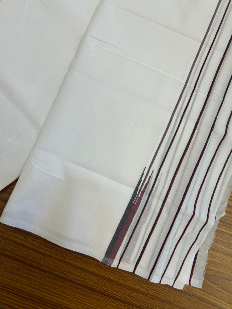 DMK Veshti -20% DISCOUNT! KaithariKada 100% Cotton Pure white Double - (Unbleached) Mundu/Dhoti - 100X100 - 5.75 inch Puliyilakkara Black & Maroon Stiped Chutty kara - 19 KK5297 ASH