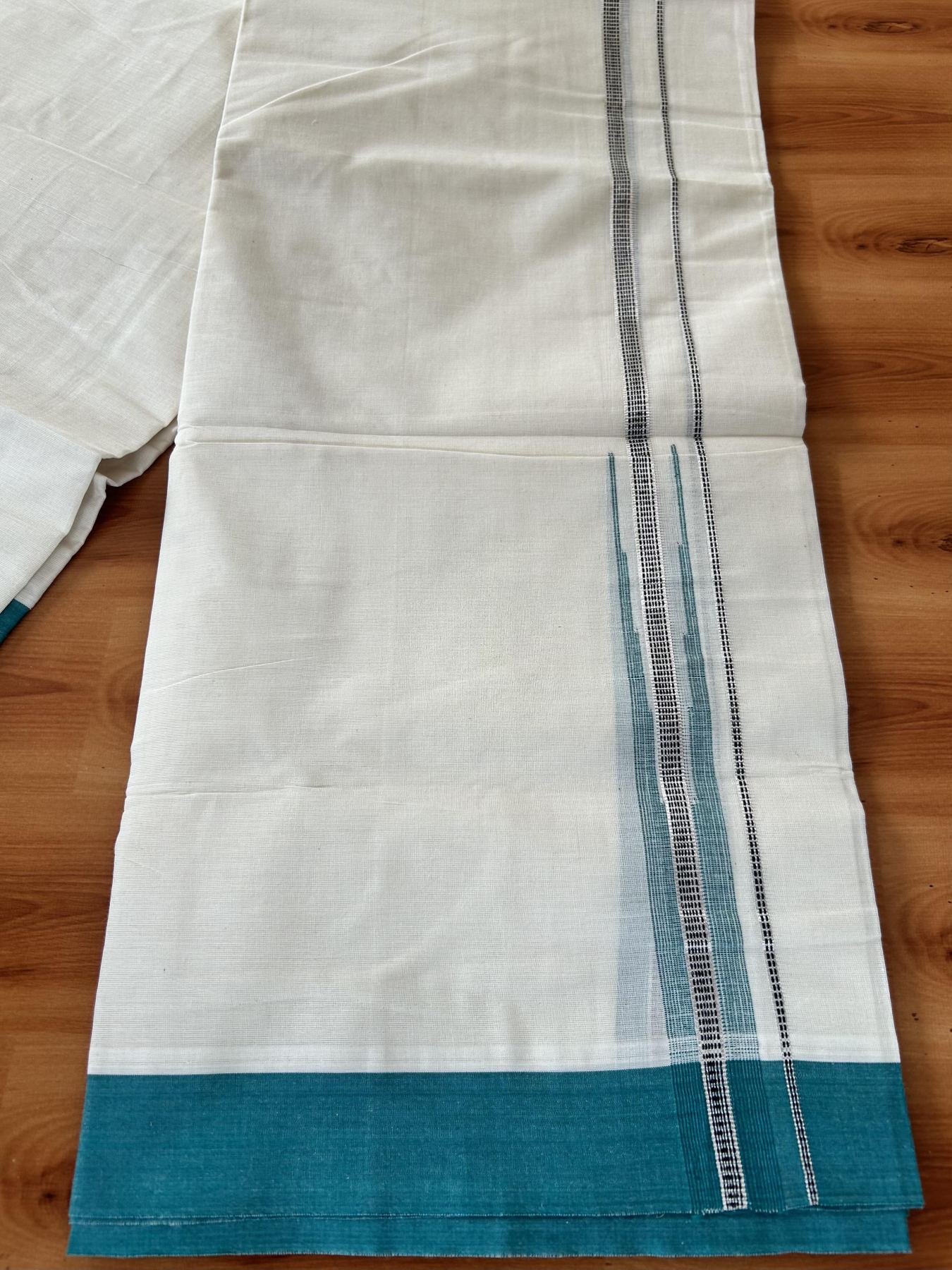 Off White Double (Unbleached) Mundu/Dhoti - 20% Discount! KaithariKada Balaramapuram 100% Cotton -100x80 - 1 inch Silver Kasav Black & Pine Green Puliyilakkara Chutty Kara 4 mtr (8.5 Muzham) - 44 KK5440 VIN