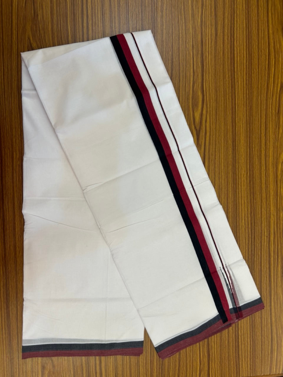 Dmk Veshti - 20% Discount! KaithariKada 100% Cotton Pure white Double Mundu/Dhoti - 100X100 - 1 inch Puliyilakkara Black & Maroon Red Chutty kara - 39 KK5297 ASH