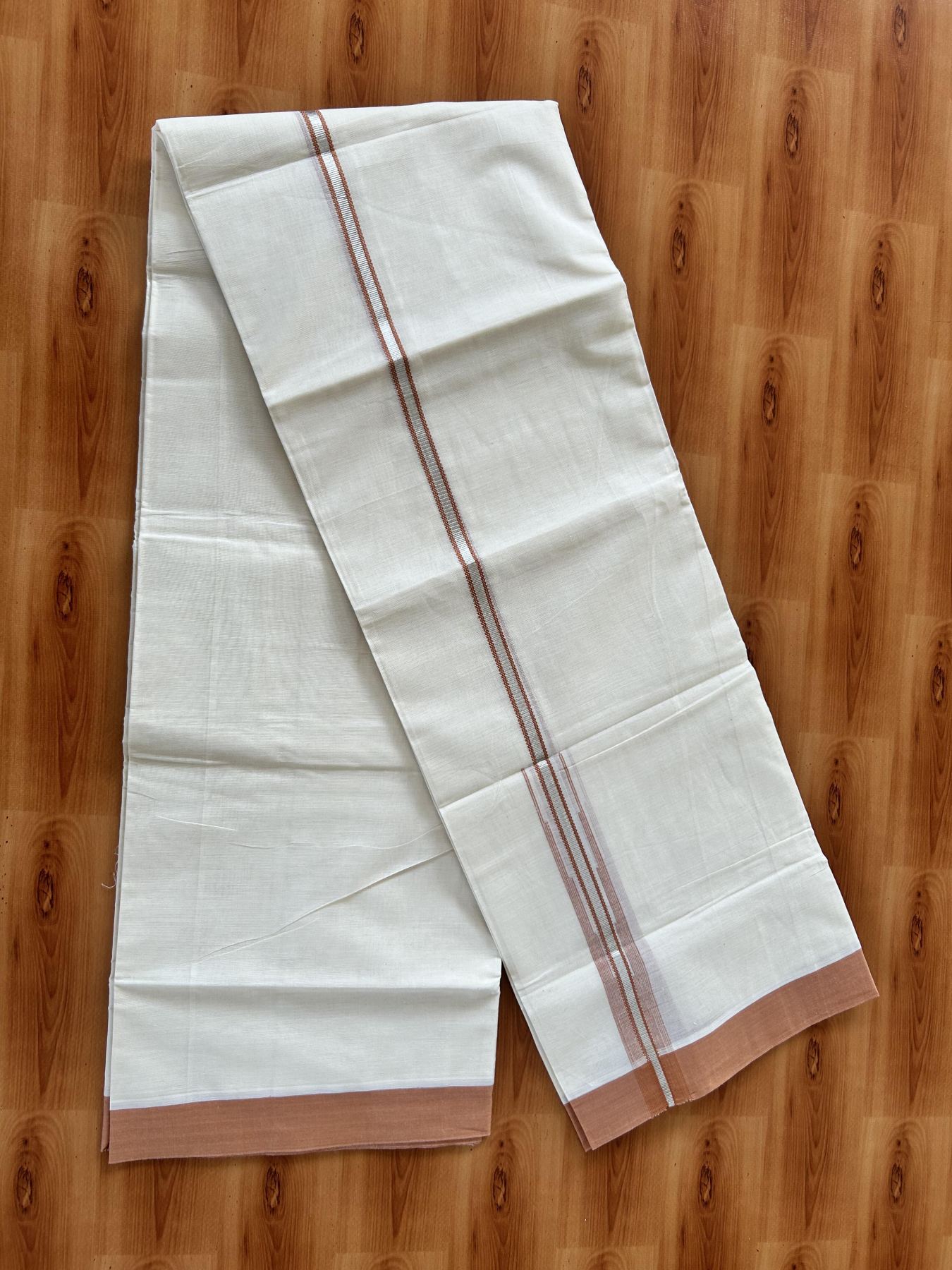 Off White Double (Unbleached) Mundu/Dhoti - 20% Discount! KaithariKada Balaramapuram 100% Cotton -100x80 - 1 inch Silver Kasav & Brown Puliyilakkara Chutty Kara 4 mtr (8.5 Muzham) - 51 KK5440 VIN
