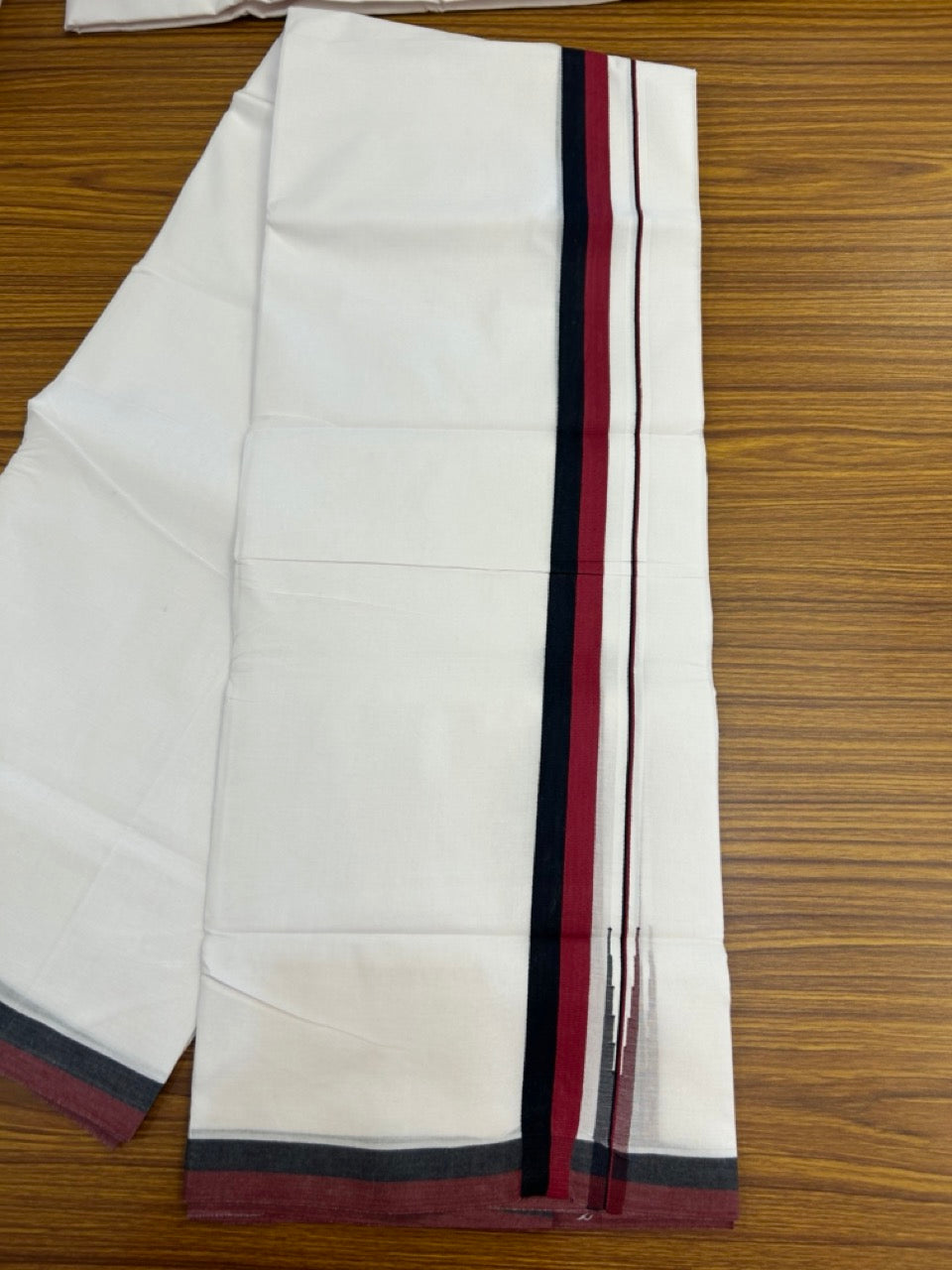 Dmk Veshti - 20% Discount! KaithariKada 100% Cotton Pure white Double Mundu/Dhoti - 100X100 - 1 inch Puliyilakkara Black & Maroon Red Chutty kara - 39 KK5297 ASH