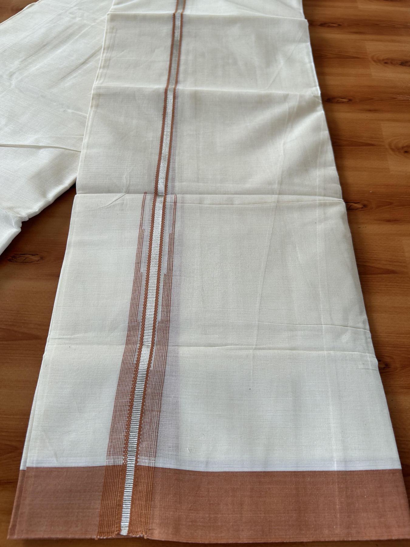 Off White Double (Unbleached) Mundu/Dhoti - 20% Discount! KaithariKada Balaramapuram 100% Cotton -100x80 - 1 inch Silver Kasav & Brown Puliyilakkara Chutty Kara 4 mtr (8.5 Muzham) - 51 KK5440 VIN