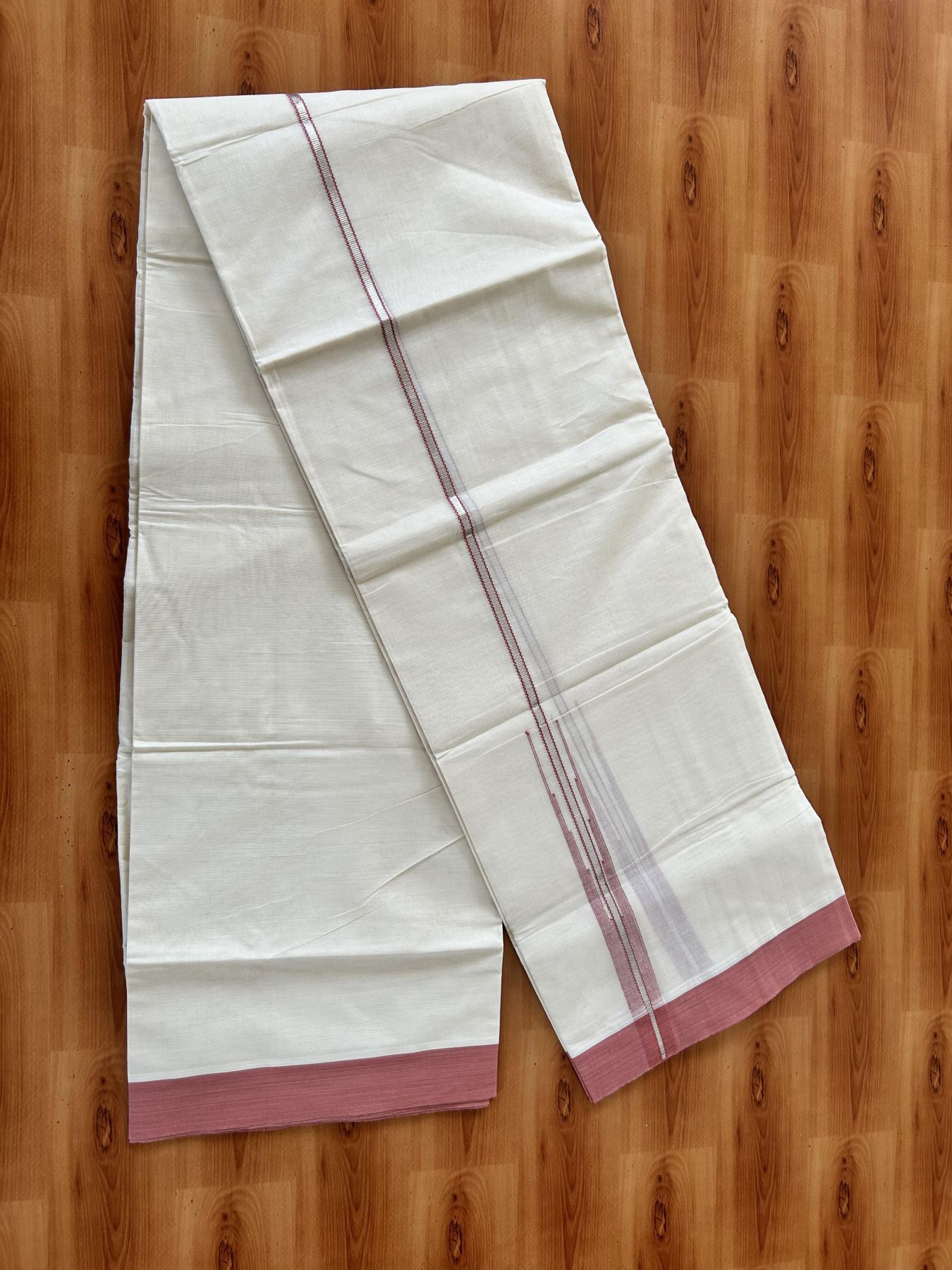Off White Double (Unbleached) Mundu/Dhoti - 20% Discount! KaithariKada Balaramapuram 100% Cotton -100x80 - 1 inch Silver Kasav & Dusty Rose Puliyilakkara Chutty Kara 4 mtr (8.5 Muzham) - 47 KK5440 VIN