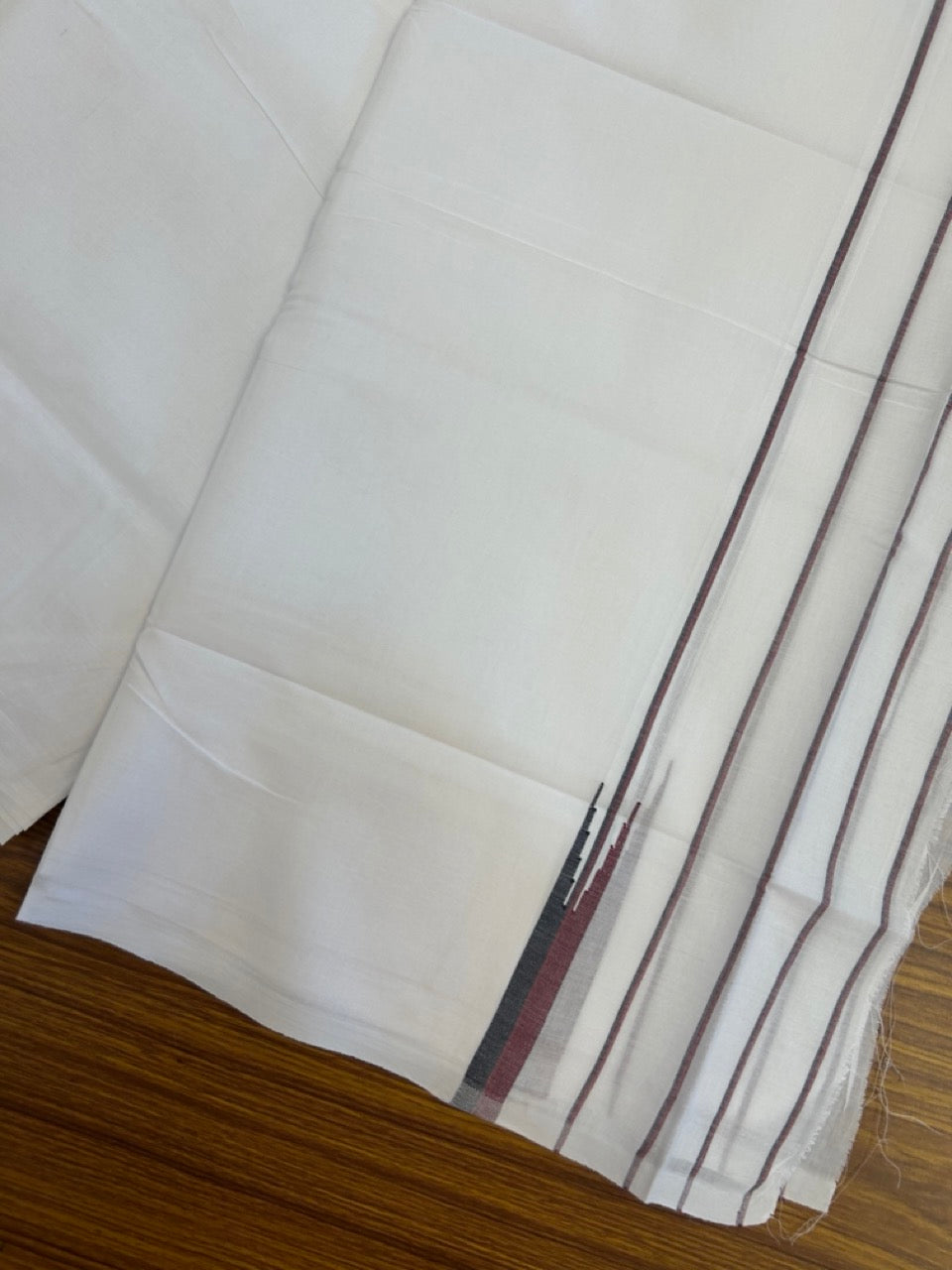 DMK Veshti -20% DISCOUNT! KaithariKada 100% Cotton Pure white Double - (Unbleached) Mundu/Dhoti - 100X100 - 5.75 inch Puliyilakkara Black & Maroon Stiped Chutty kara - 20 KK5297 ASH