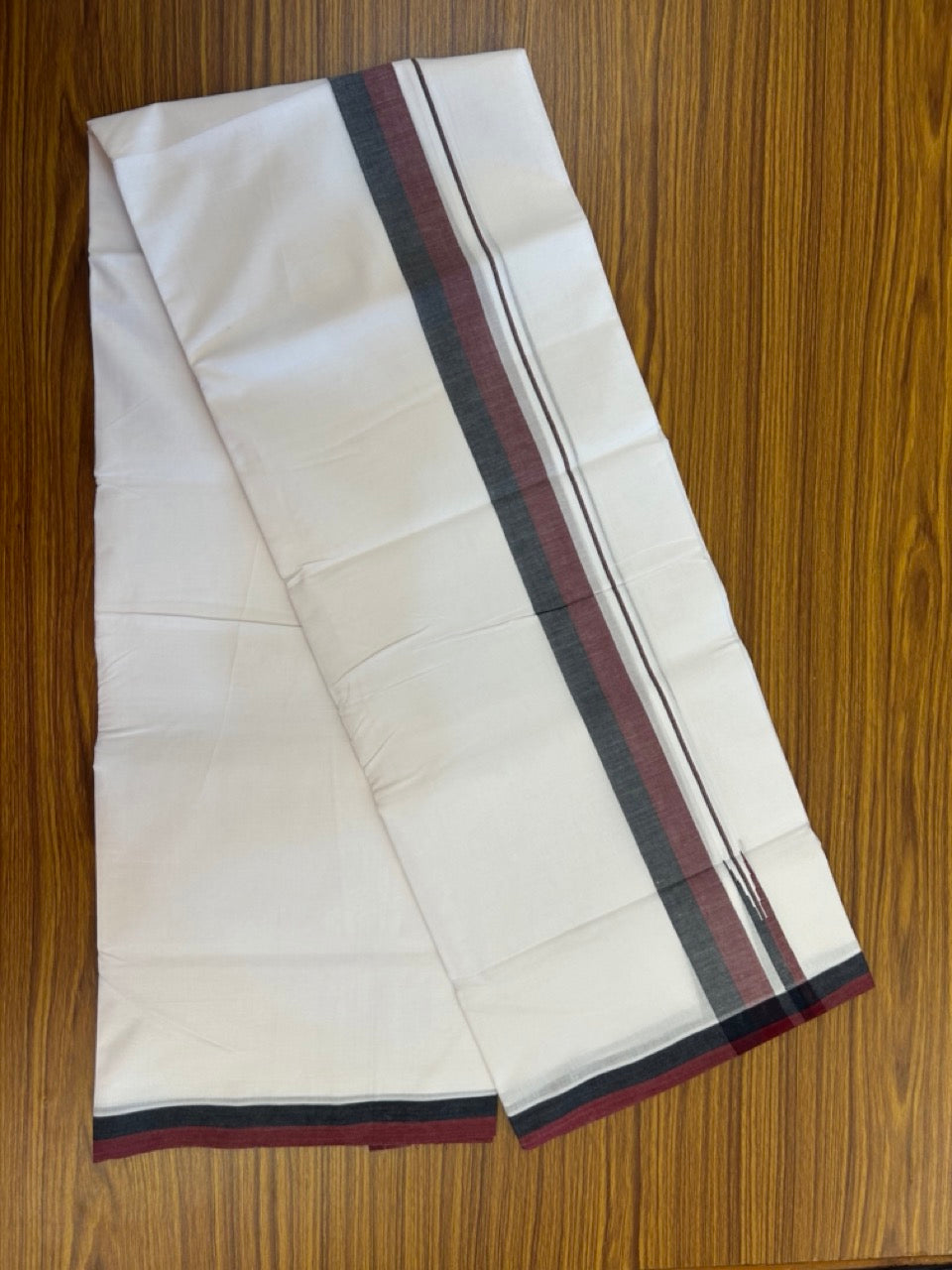 Dmk Veshti - 20% Discount! KaithariKada 100% Cotton Pure white Double Mundu/Dhoti - 100X100 - 1.5 inch Puliyilakkara Black & Maroon Shaded Chutty kara - 42 KK5297 ASH