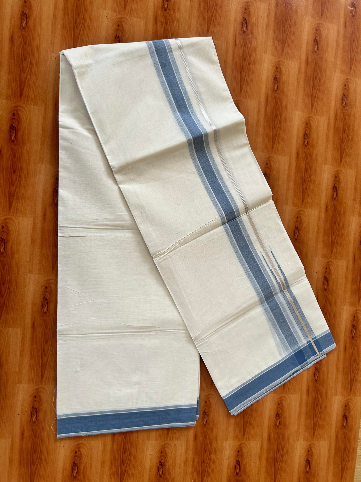 Off White Double (Unbleached) Mundu/Dhoti - 20% Discount! KaithariKada Balaramapuram 100% Cotton - 100x80 - 1.5 inch Silver Kasav & Ash Blue Stripes Puliyilakkara Chutty Kara 4 mtr (8.5 Muzham) - 63 KK5440 VIN