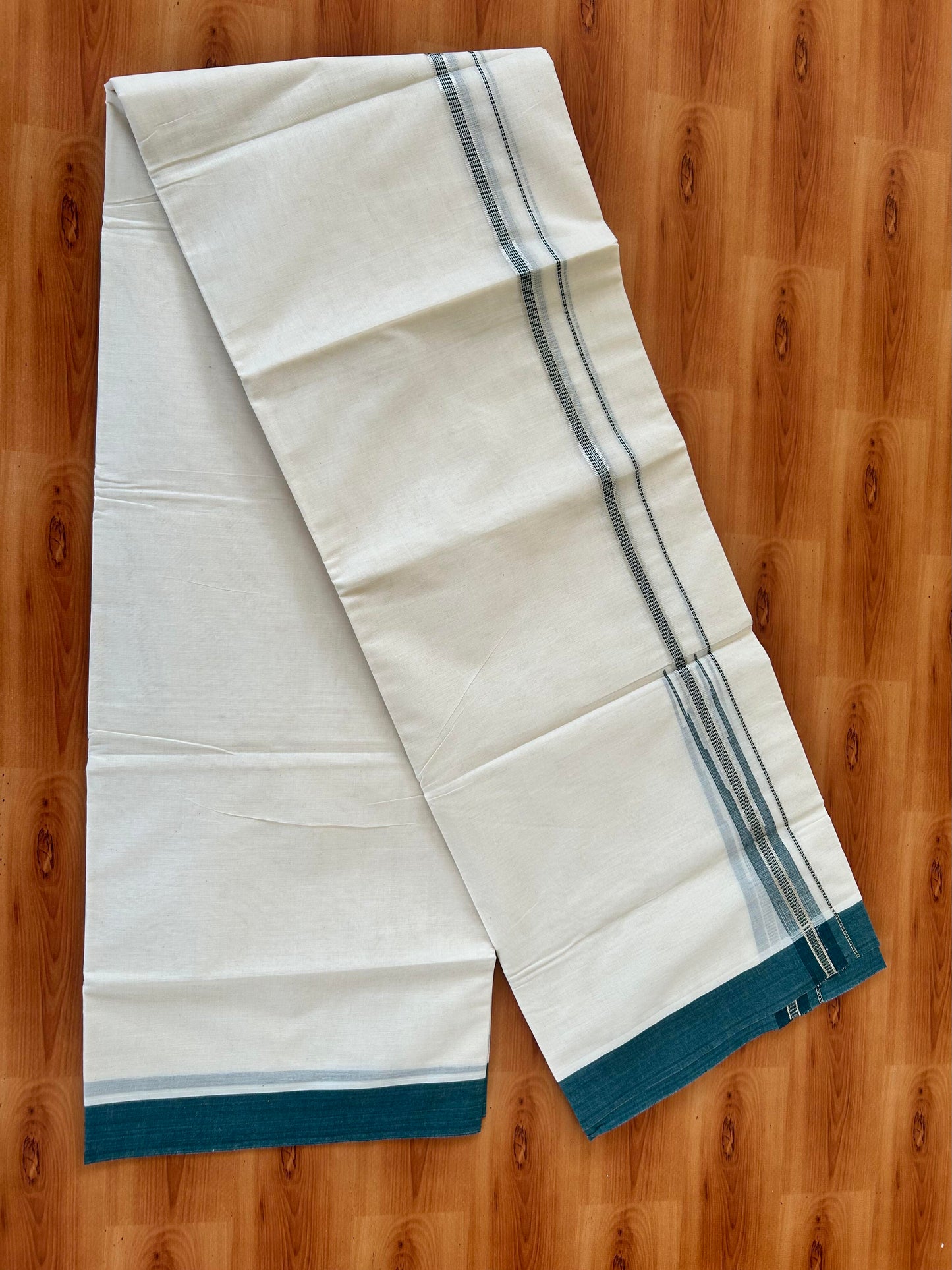 Off White Double (Unbleached) Mundu/Dhoti - 20% Discount! KaithariKada Balaramapuram 100% Cotton -100x80 - 1 inch Silver Kasav & Green Puliyilakkara Chutty Kara 4 mtr (8.5 Muzham) - 45 KK5440 VIN