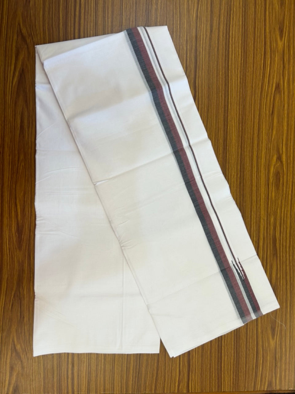 Dmk Veshti - 20% Discount! KaithariKada 100% Cotton Pure white Double Mundu/Dhoti - 100X100 - 0.75 inch Puliyilakkara Black & Maroon Shaded Chutty kara - 44 KK5297 ASH