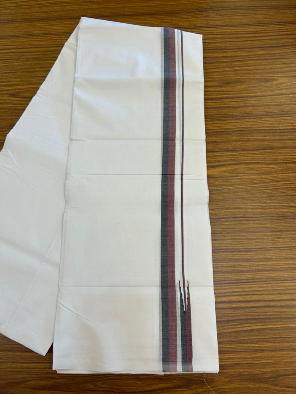 Dmk Veshti - 20% Discount! KaithariKada 100% Cotton Pure white Double Mundu/Dhoti - 100X100 - 0.75 inch Puliyilakkara Black & Maroon Shaded Chutty kara - 44 KK5297 ASH