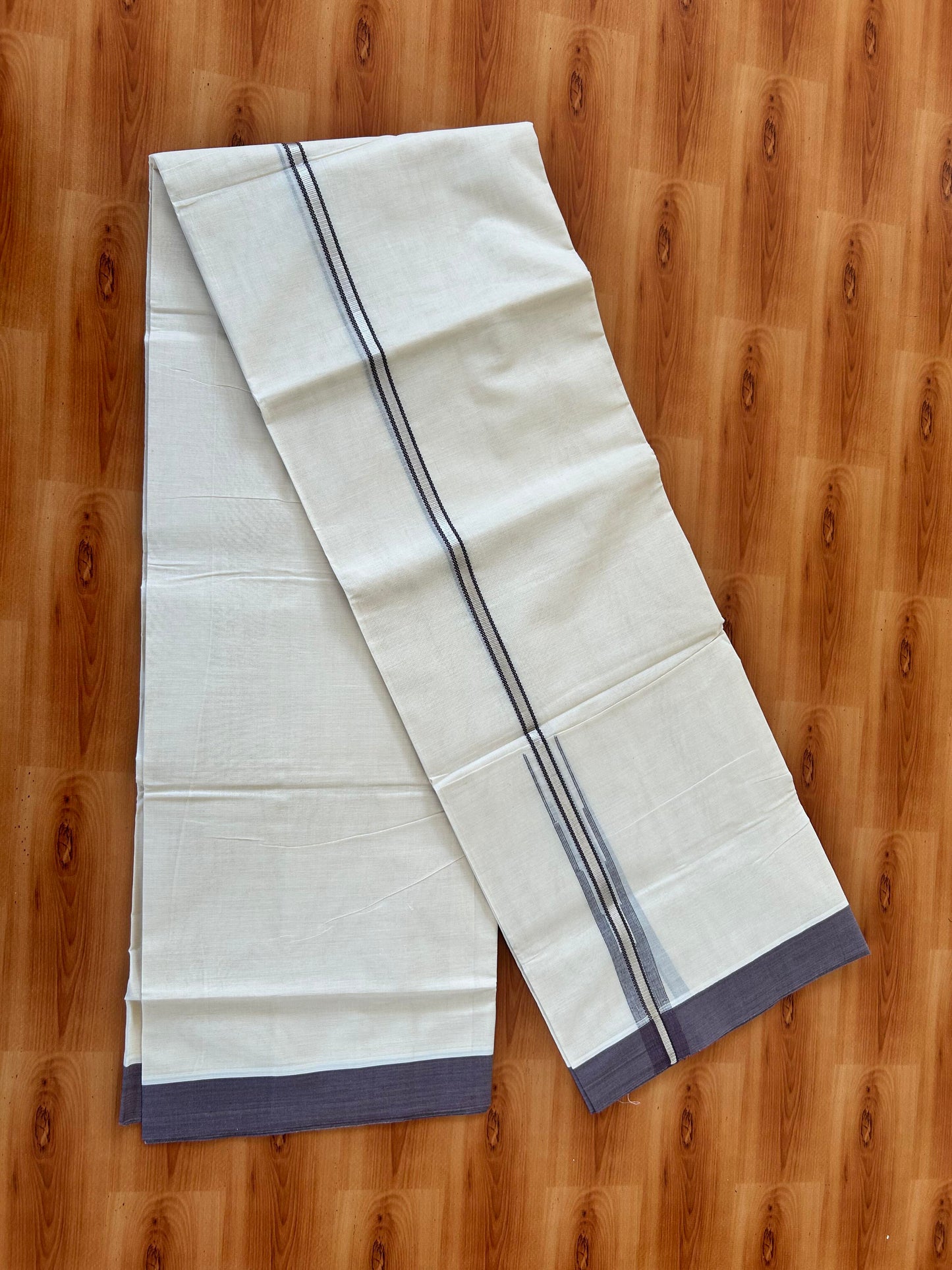 Off White Double (Unbleached) Mundu/Dhoti - 20% Discount! KaithariKada Balaramapuram 100% Cotton -100x80 - 1 inch Silver Kasav & Purplish Brown Puliyilakkara Chutty Kara 4 mtr (8.5 Muzham) - 49 KK5440 VIN