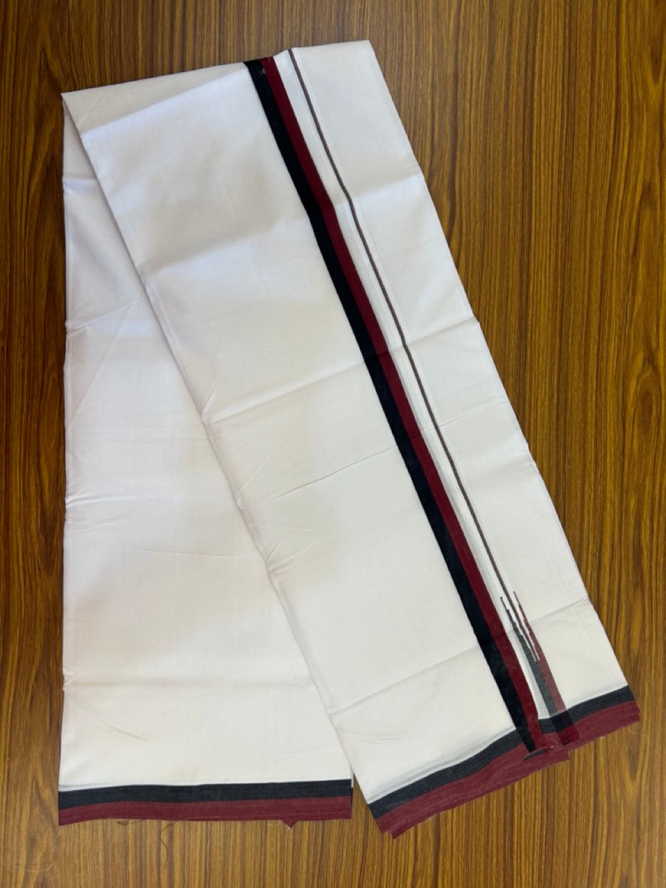 Dmk Veshti - 20% Discount! KaithariKada 100% Cotton Pure white Double Mundu/Dhoti - 100X100 - 1 inch Puliyilakkara Black & Maroon Chutty kara - 40 KK5297 ASH