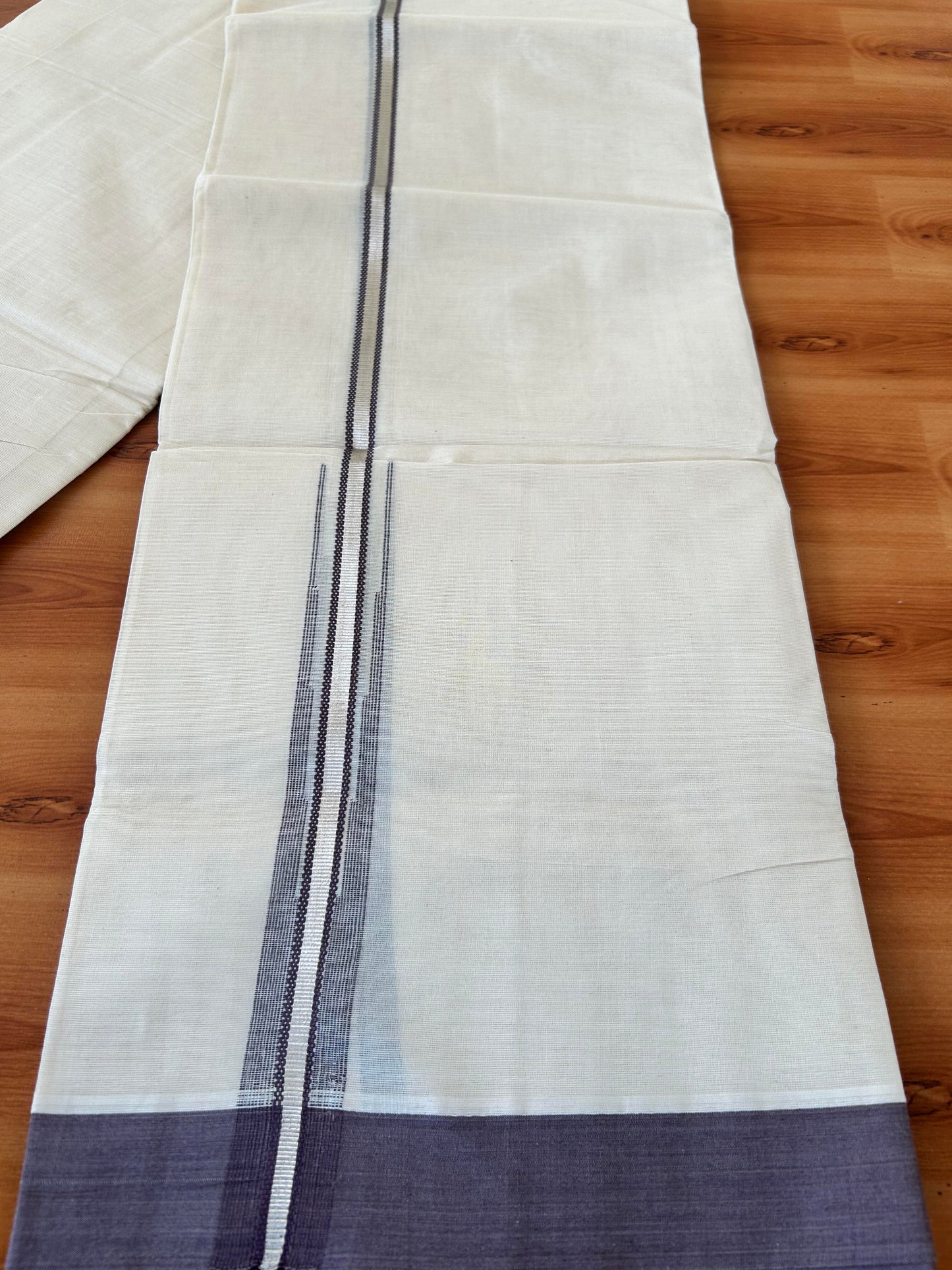 Off White Double (Unbleached) Mundu/Dhoti - 20% Discount! KaithariKada Balaramapuram 100% Cotton -100x80 - 1 inch Silver Kasav & Purplish Brown Puliyilakkara Chutty Kara 4 mtr (8.5 Muzham) - 49 KK5440 VIN