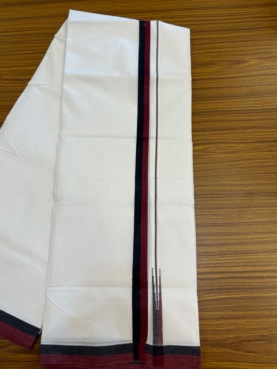Dmk Veshti - 20% Discount! KaithariKada 100% Cotton Pure white Double Mundu/Dhoti - 100X100 - 0.75 inch Puliyilakkara Black & Maroon Chutty kara - 41 KK5297 ASH