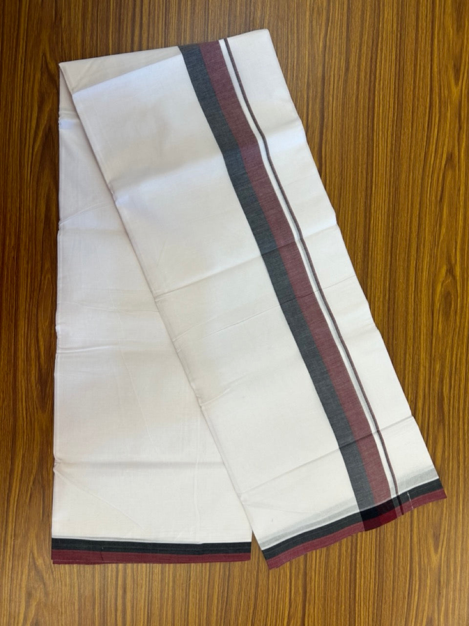 Dmk Veshti - 20% Discount! KaithariKada 100% Cotton Pure white Double Mundu/Dhoti - 100X100 - 1.75 inch Black & Maroon Shaded kara - 38 KK5297 ASH