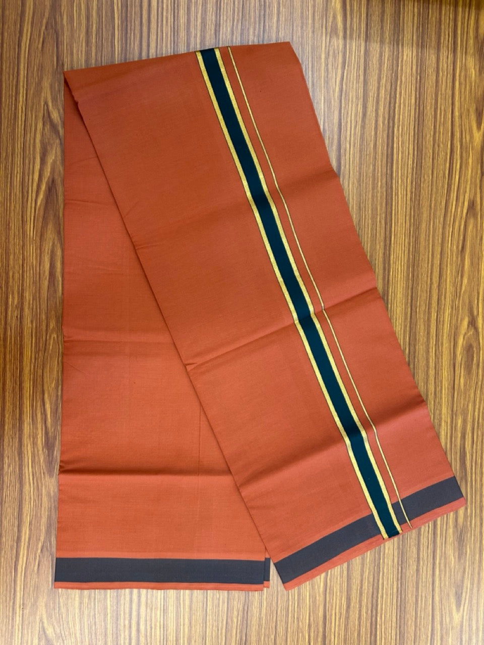 19% Discount!!! Kaitharikada Pure Cotton - Single Kaily / Lungi - 1 inch Gold Kasav & Dark Green Kara with Kavi colour body  (2 meter / 4 muzham) - 1KK8024 GAN