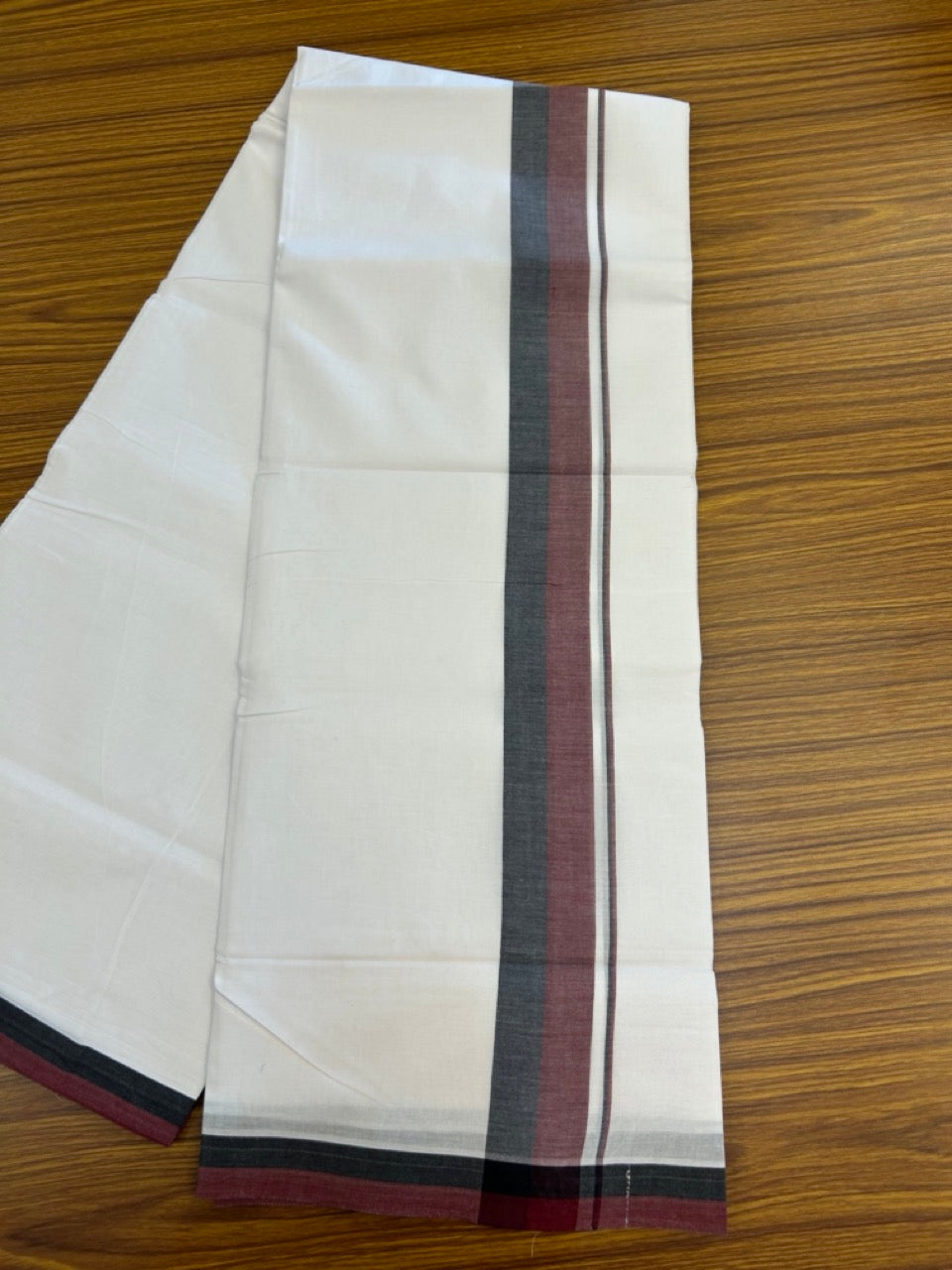 Dmk Veshti - 20% Discount! KaithariKada 100% Cotton Pure white Double Mundu/Dhoti - 100X100 - 1.75 inch Black & Maroon Shaded kara - 38 KK5297 ASH