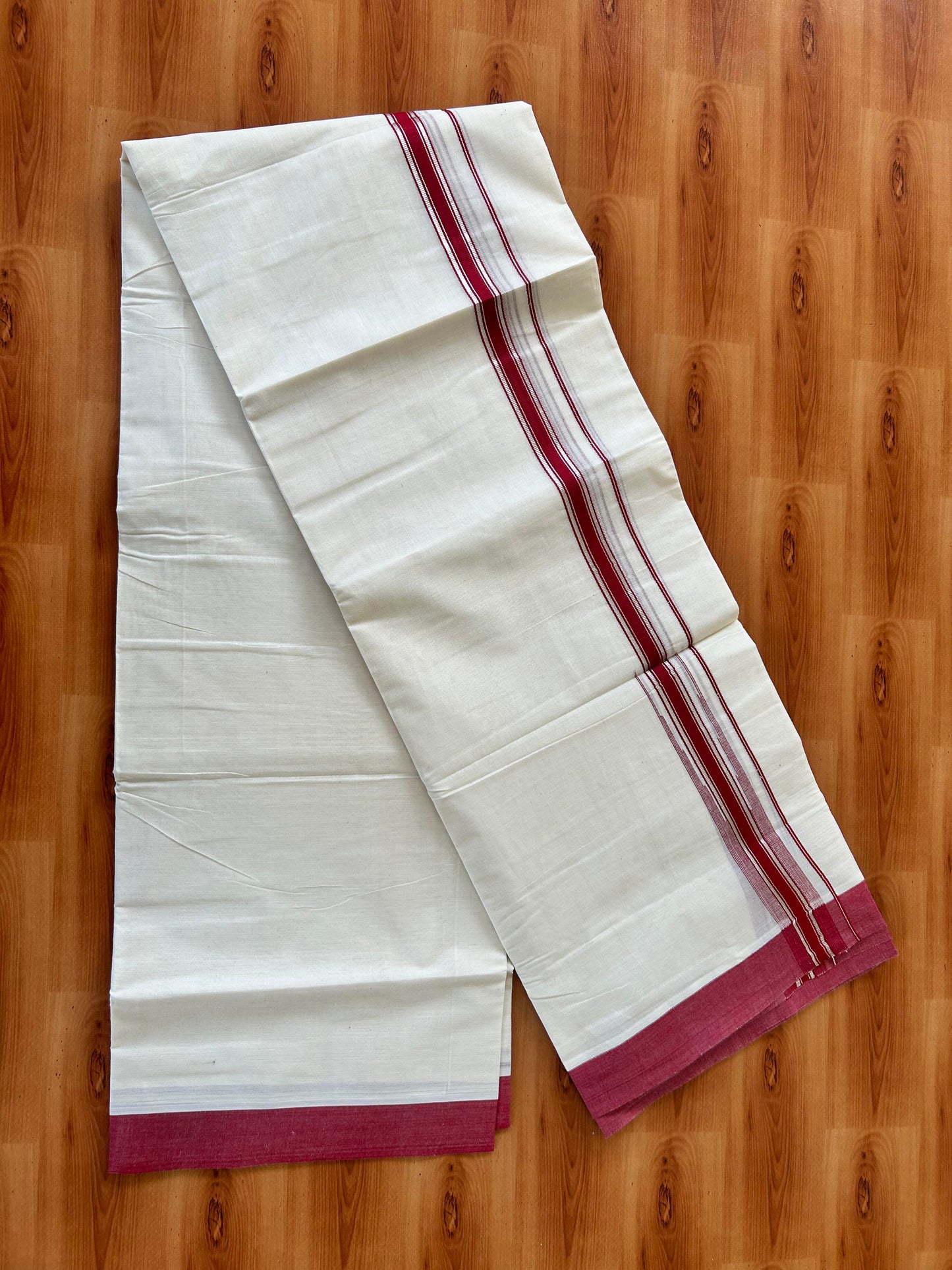 Off White Double (Unbleached) Mundu/Dhoti - 20% Discount! KaithariKada Balaramapuram 100% Cotton - 100x80 - 1 inch Silver Kasav & Reddish Maroon Stripes Puliyilakkara Chutty Kara 4 mtr (8.5 Muzham) - 54 KK5440 VIN