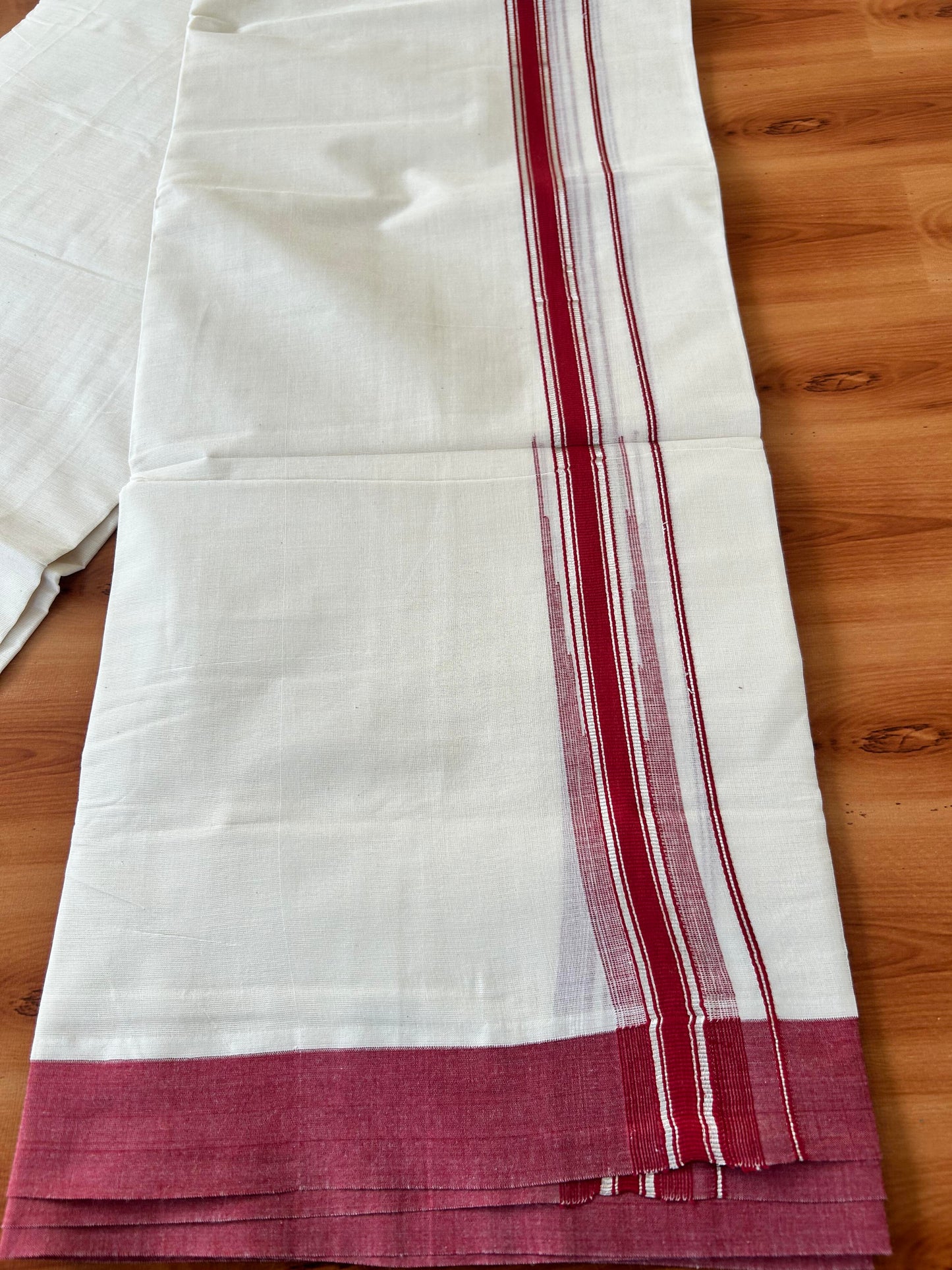Off White Double (Unbleached) Mundu/Dhoti - 20% Discount! KaithariKada Balaramapuram 100% Cotton - 100x80 - 1 inch Silver Kasav & Reddish Maroon Stripes Puliyilakkara Chutty Kara 4 mtr (8.5 Muzham) - 54 KK5440 VIN