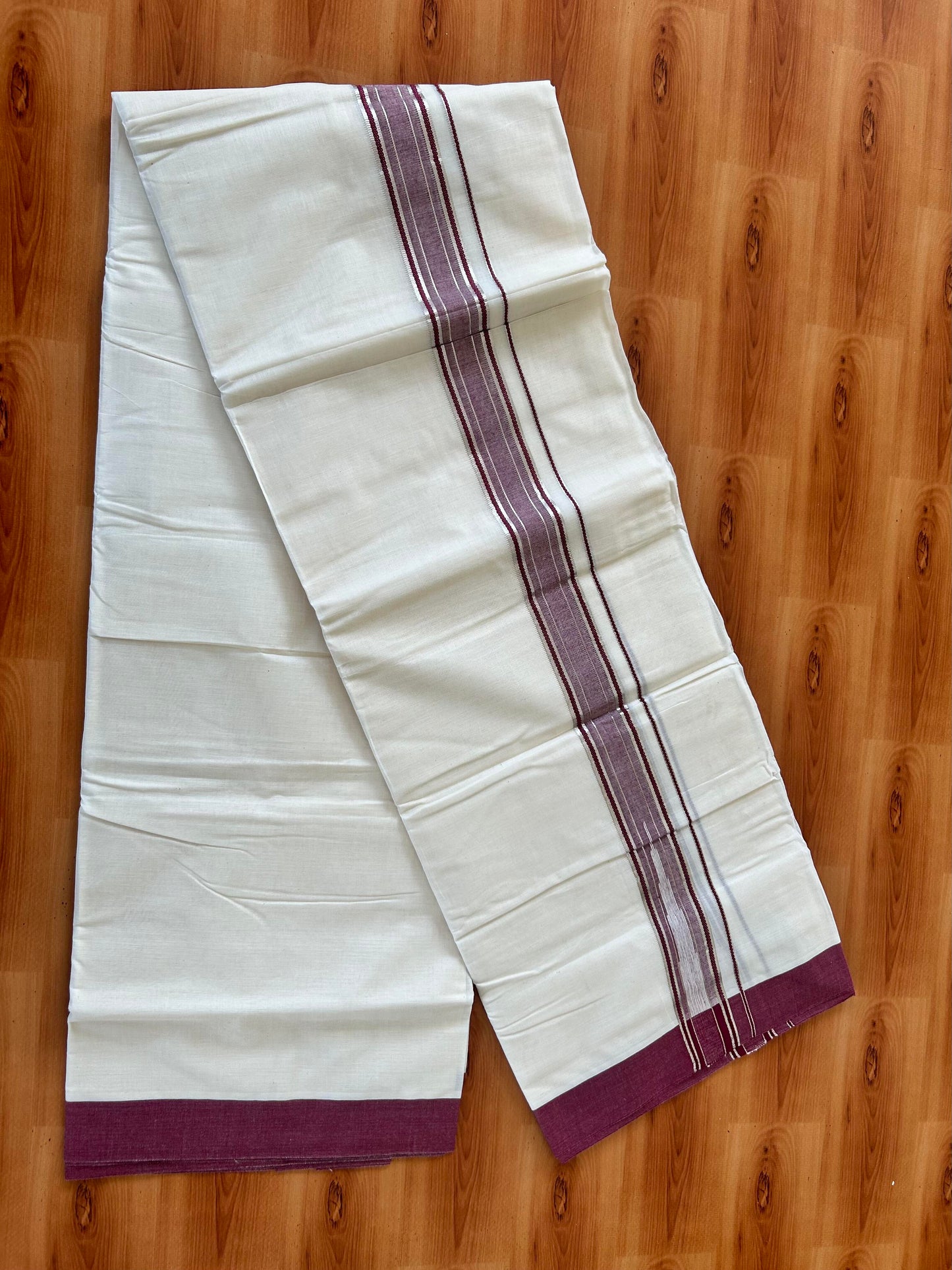 Off White Double (Unbleached) Mundu/Dhoti - 20% Discount! KaithariKada Balaramapuram 100% Cotton - 100x80 - 1.5 inch Silver Kasav & Maroon Stripes Puliyilakkara Chutty Kara 4 mtr (8.5 Muzham) - 62 KK5440 VIN