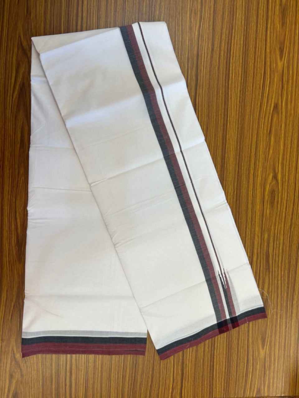 Dmk Veshti - 20% Discount! KaithariKada 100% Cotton Pure white Double Mundu/Dhoti - 100X100 - 1 inch Puliyilakkara Black & Maroon Shaded Chutty kara - 43 KK5297 ASH