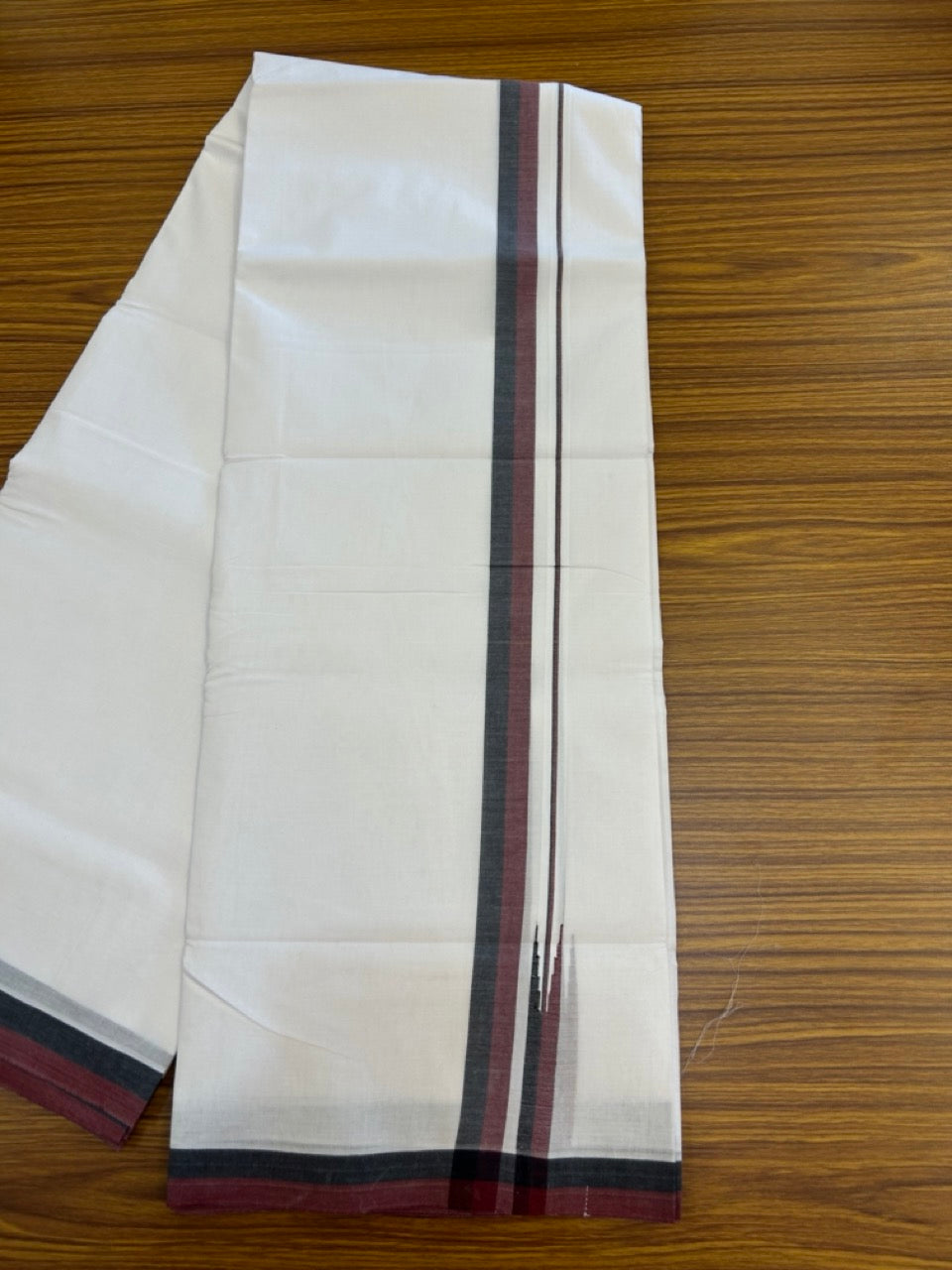 Dmk Veshti - 20% Discount! KaithariKada 100% Cotton Pure white Double Mundu/Dhoti - 100X100 - 1 inch Puliyilakkara Black & Maroon Shaded Chutty kara - 43 KK5297 ASH