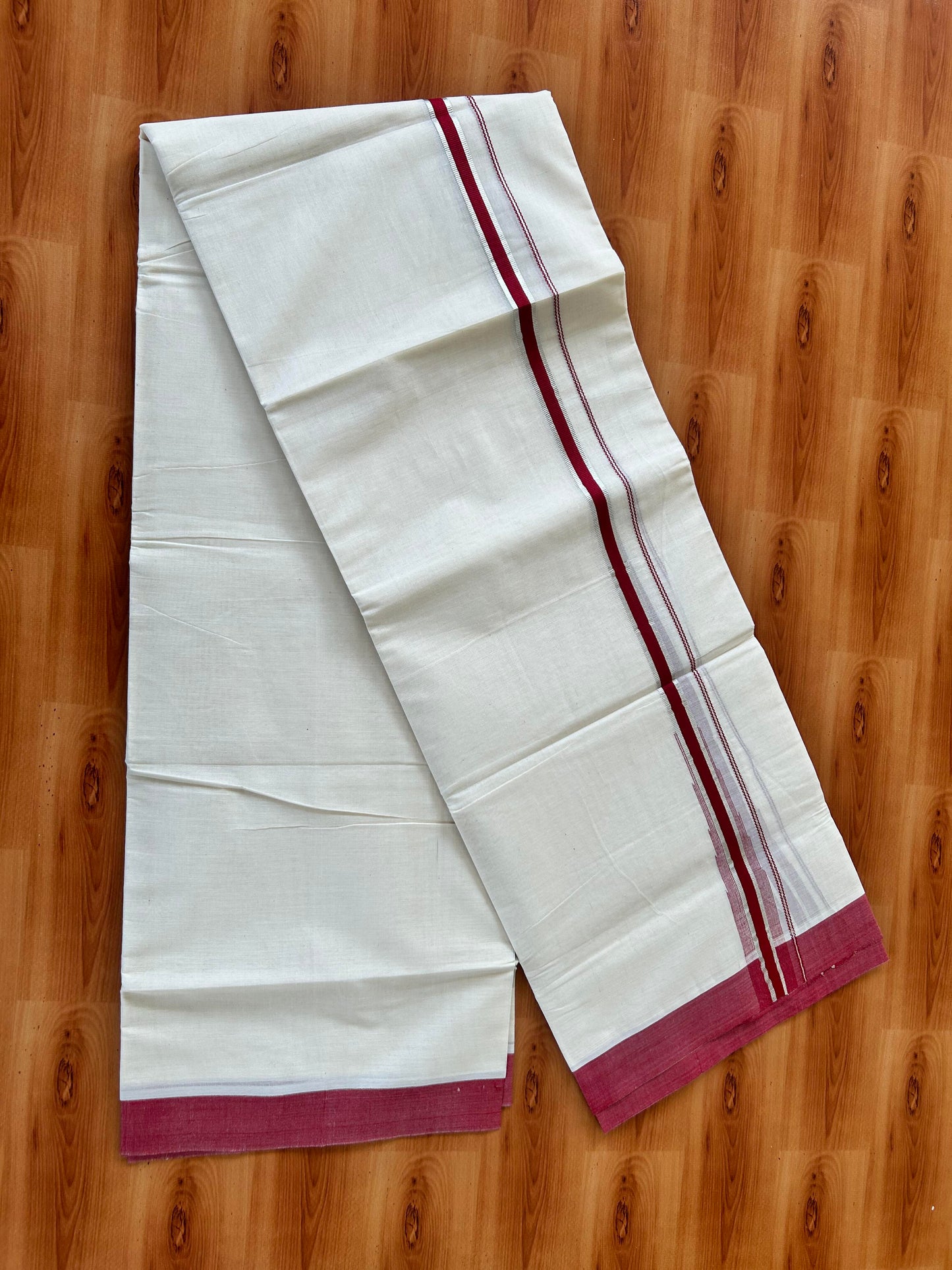 Off White Double (Unbleached) Mundu/Dhoti - 20% Discount! KaithariKada Balaramapuram 100% Cotton - 100x80 - 1 inch Silver Kasav & Reddish Maroon Stripes Puliyilakkara Chutty Kara 4 mtr (8.5 Muzham) - 55 KK5440 VIN