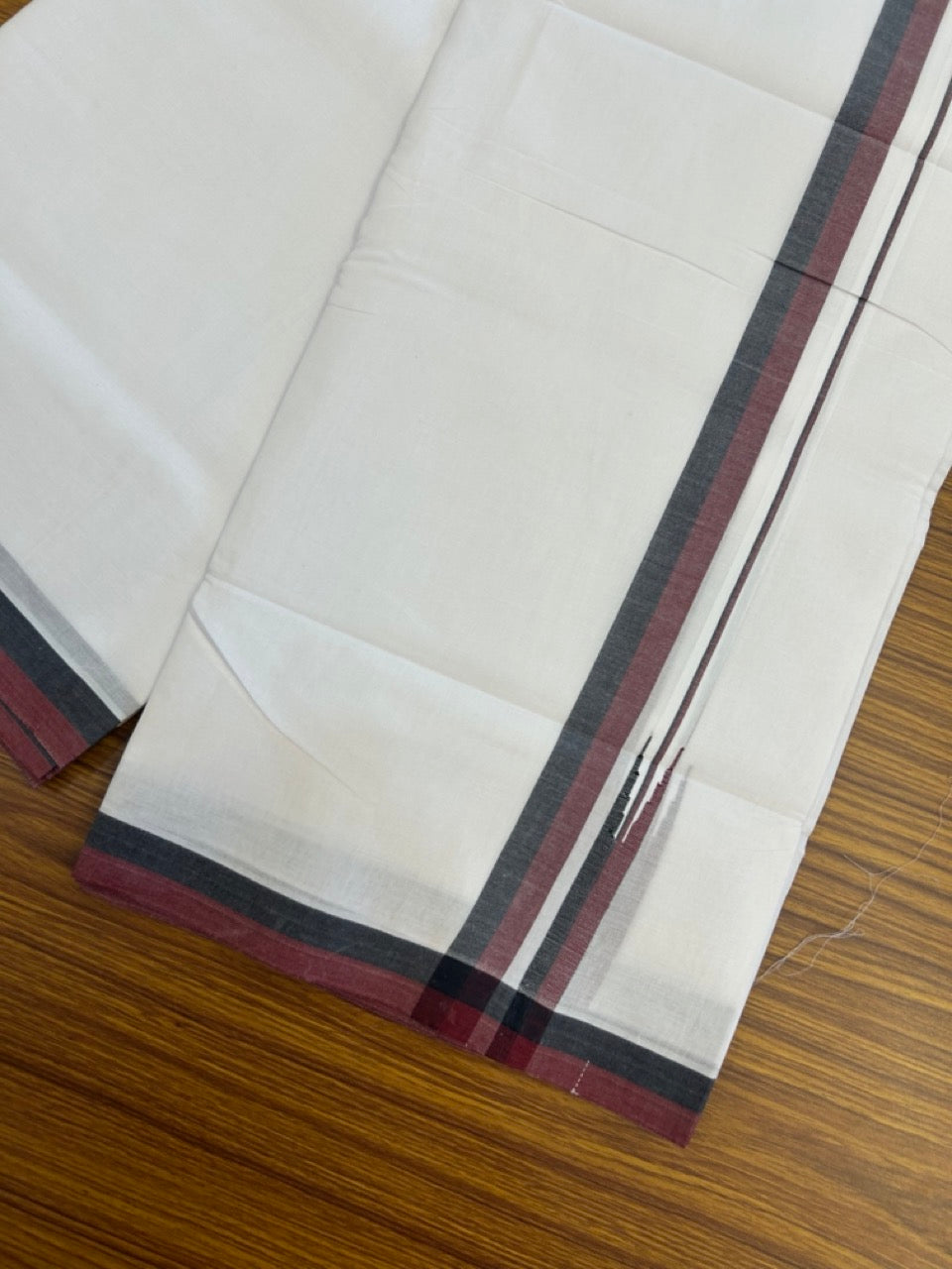 Dmk Veshti - 20% Discount! KaithariKada 100% Cotton Pure white Double Mundu/Dhoti - 100X100 - 1 inch Puliyilakkara Black & Maroon Shaded Chutty kara - 43 KK5297 ASH