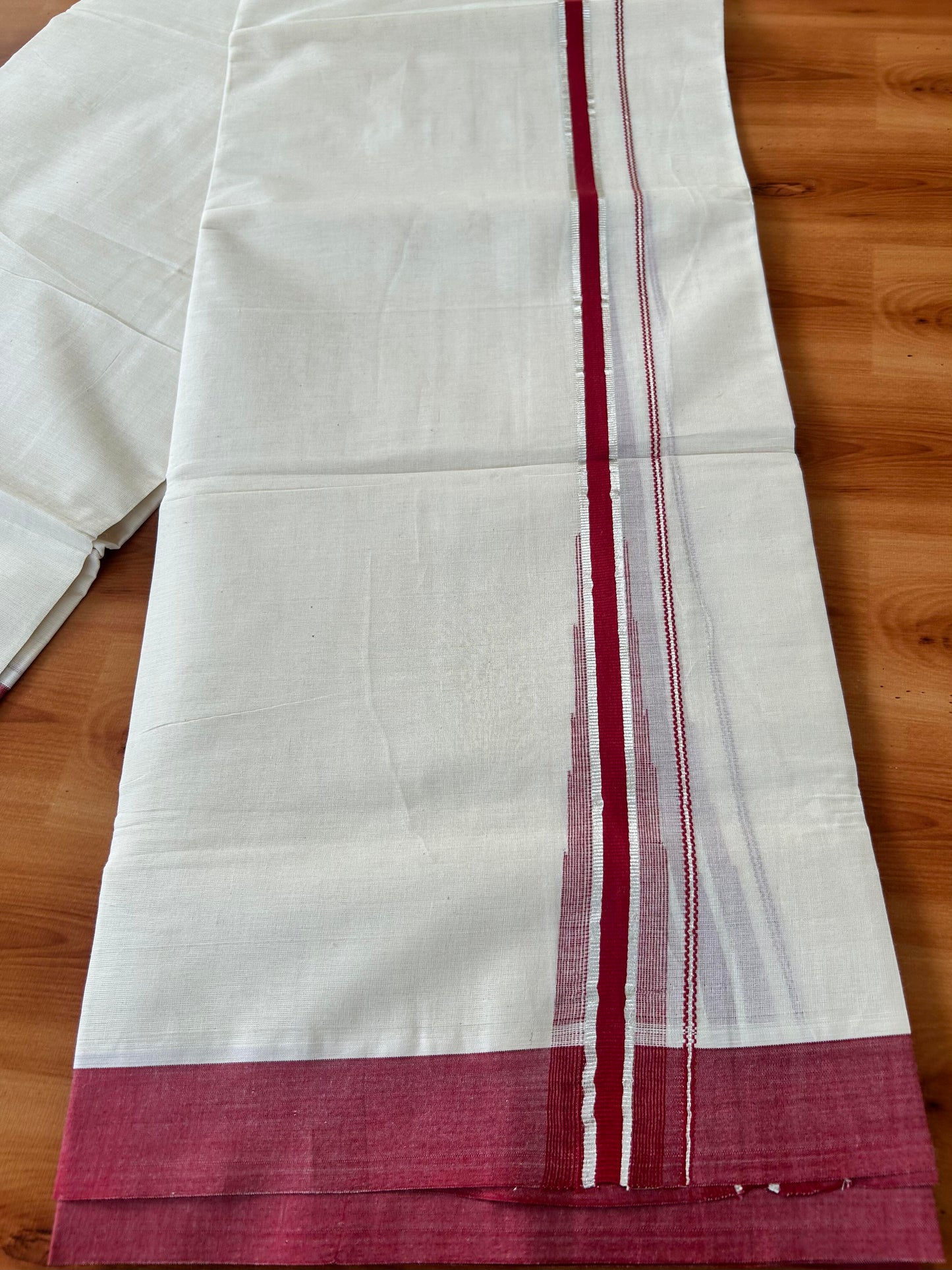 Off White Double (Unbleached) Mundu/Dhoti - 20% Discount! KaithariKada Balaramapuram 100% Cotton - 100x80 - 1 inch Silver Kasav & Reddish Maroon Stripes Puliyilakkara Chutty Kara 4 mtr (8.5 Muzham) - 55 KK5440 VIN