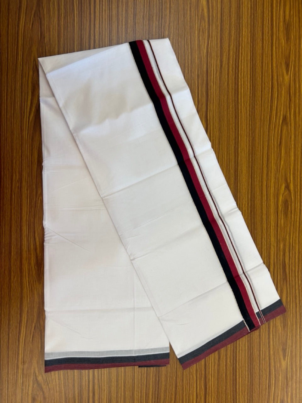 Dmk Veshti - 20% Discount !! KaithariKada Balaramapuram Double Pure White Mundu/Dhoti - 100X100 - 1.25 inch Silver Kasav Maroon & Black Kara 4 mtr (8.5 muzham) - 30 KK5297 ASH
