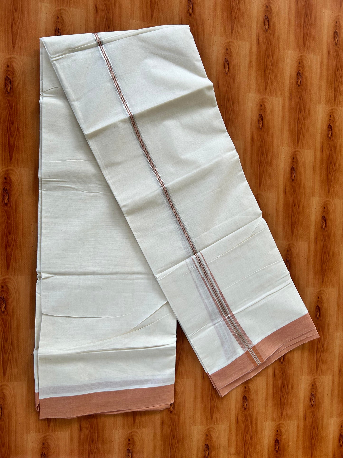 Off White Double (Unbleached) Mundu/Dhoti - 20% Discount! KaithariKada Balaramapuram 100% Cotton -100x80 - 1 inch Silver Kasav & Brown Stripes Puliyilakkara Chutty Kara 4 mtr (8.5 Muzham) - 52 KK5440 VIN