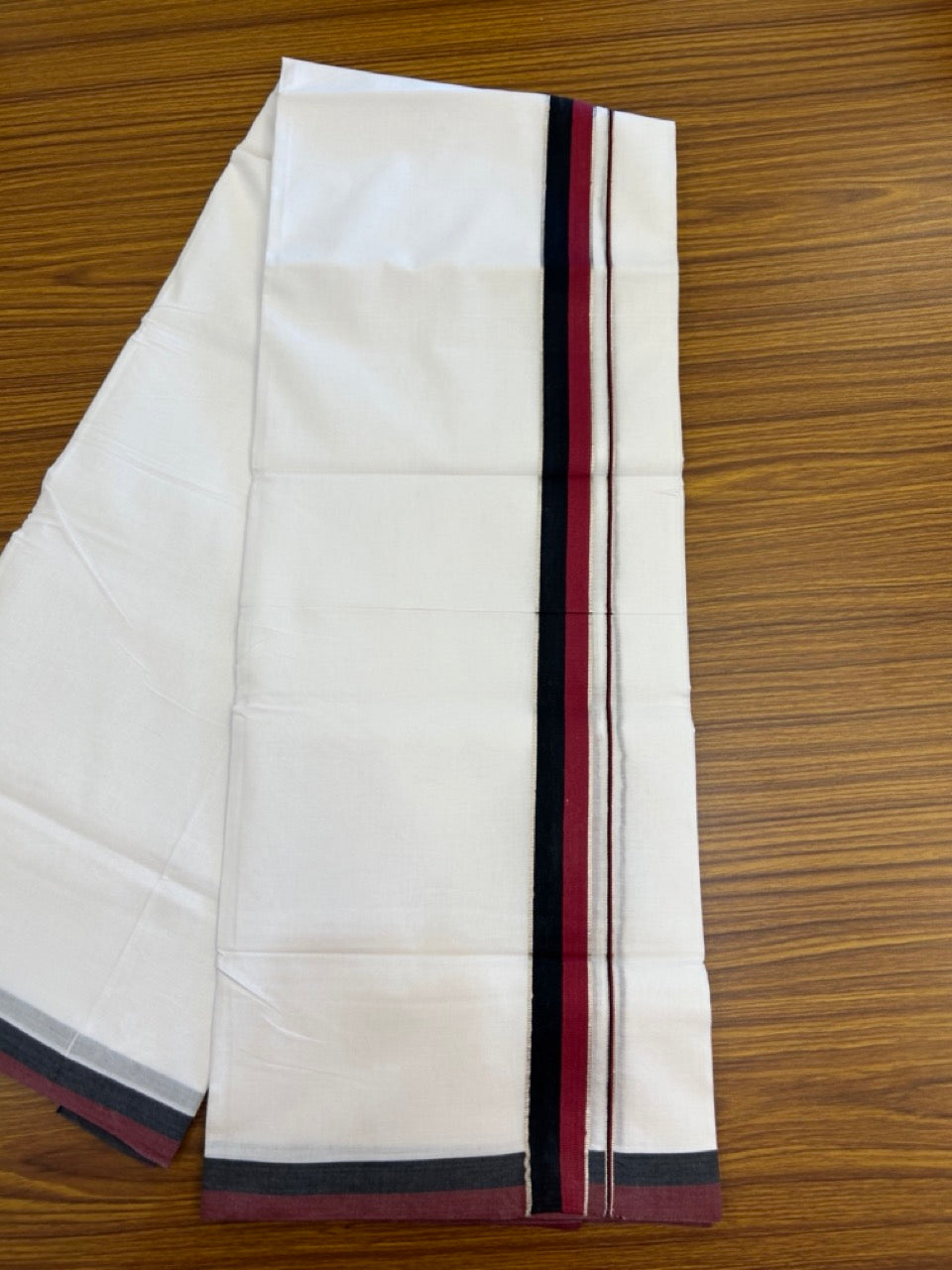 Dmk Veshti - 20% Discount !! KaithariKada Balaramapuram Double Pure White Mundu/Dhoti - 100X100 - 1.25 inch Silver Kasav Maroon & Black Kara 4 mtr (8.5 muzham) - 30 KK5297 ASH